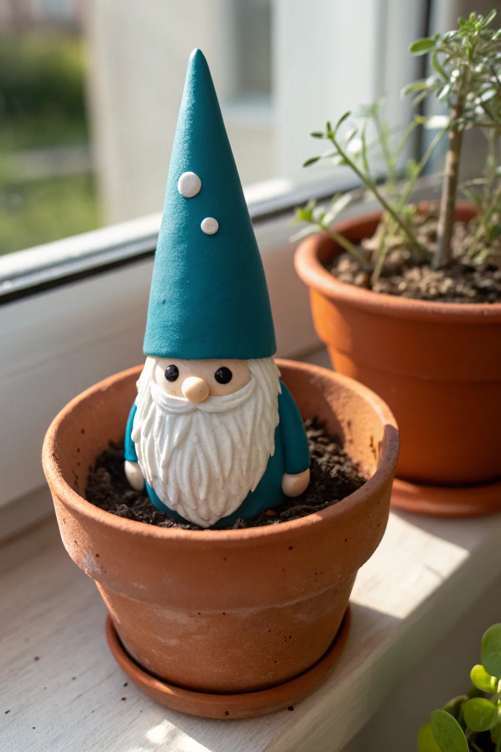 Chunky little clay gnome on a terracotta pot rim, bold colors and simple handmade charm
