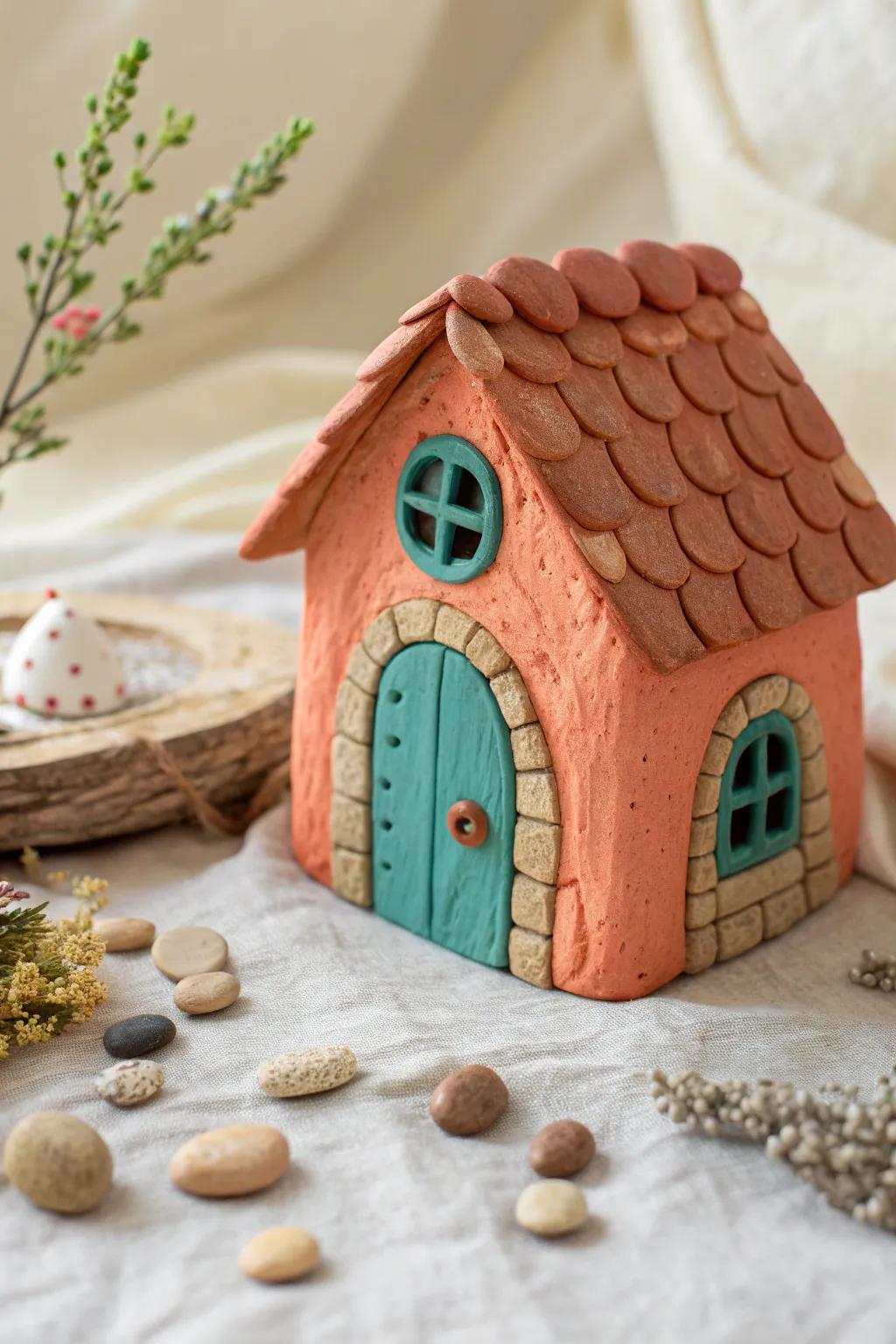 Sweet clay fairy house with pebbles and seed details, a simple nature craft kids will love