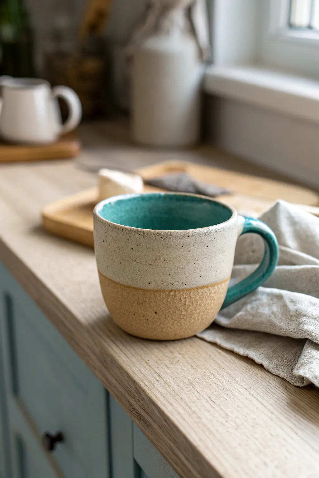 Cozy two-tone handled pinch pot mug with minimalist boho charm for your next clay idea.