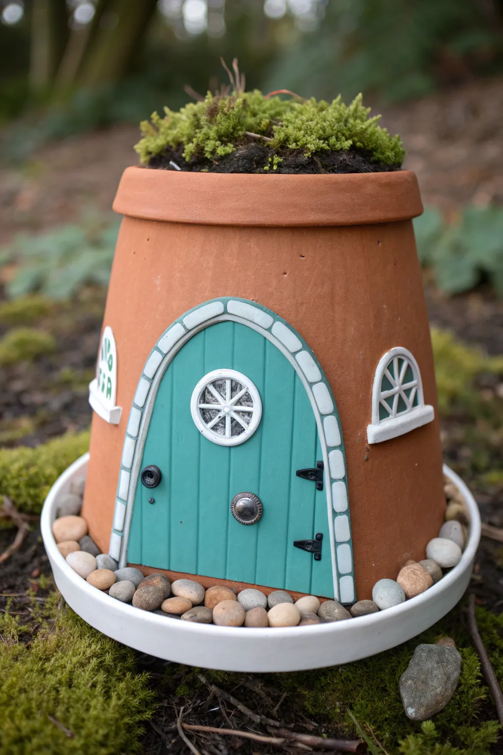 Turn an upside down clay pot into a sweet fairy cottage with a bold door, windows, and pebble base.