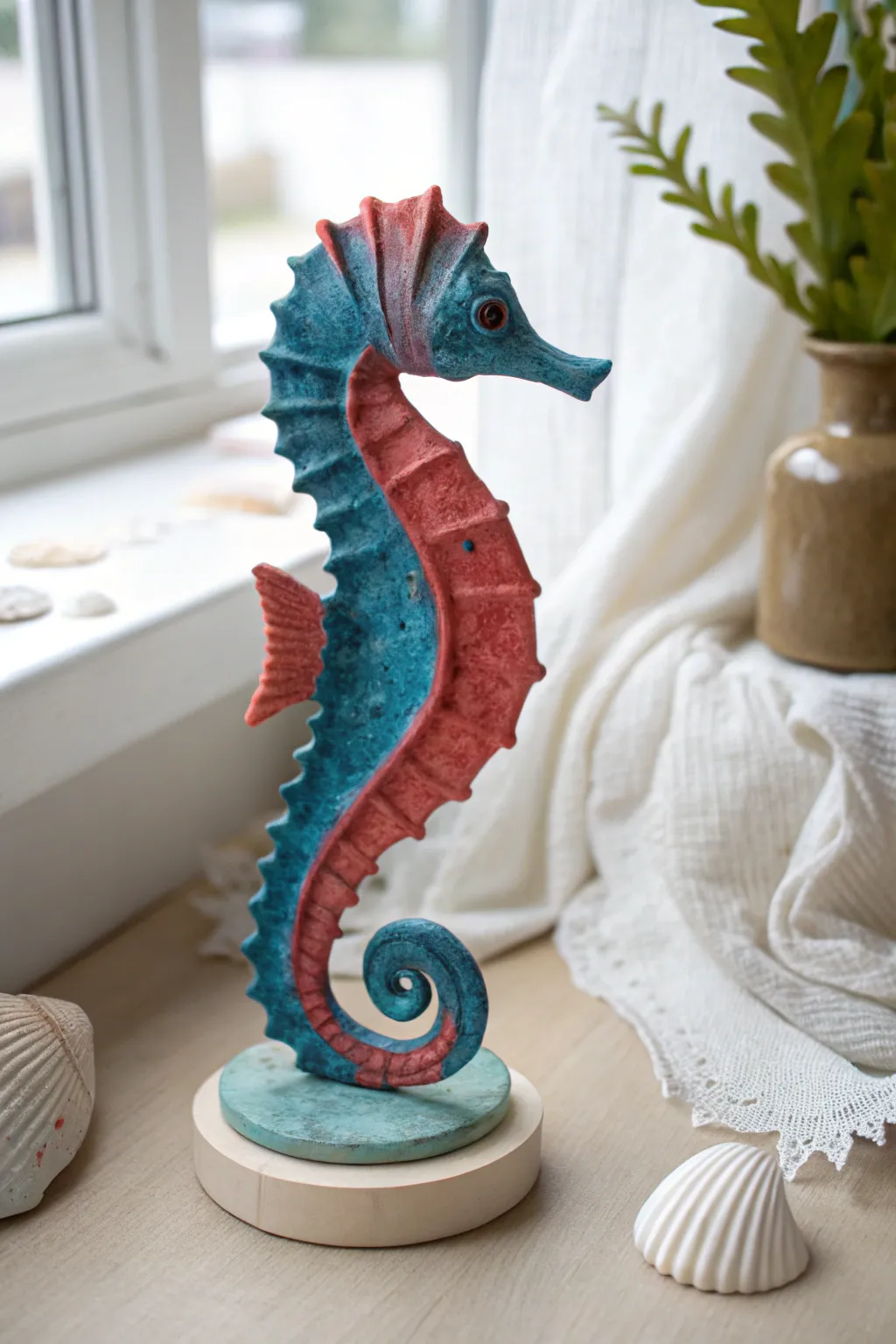 Vibrant clay seahorse with flowing fins, a minimalist undersea statement for your shelf