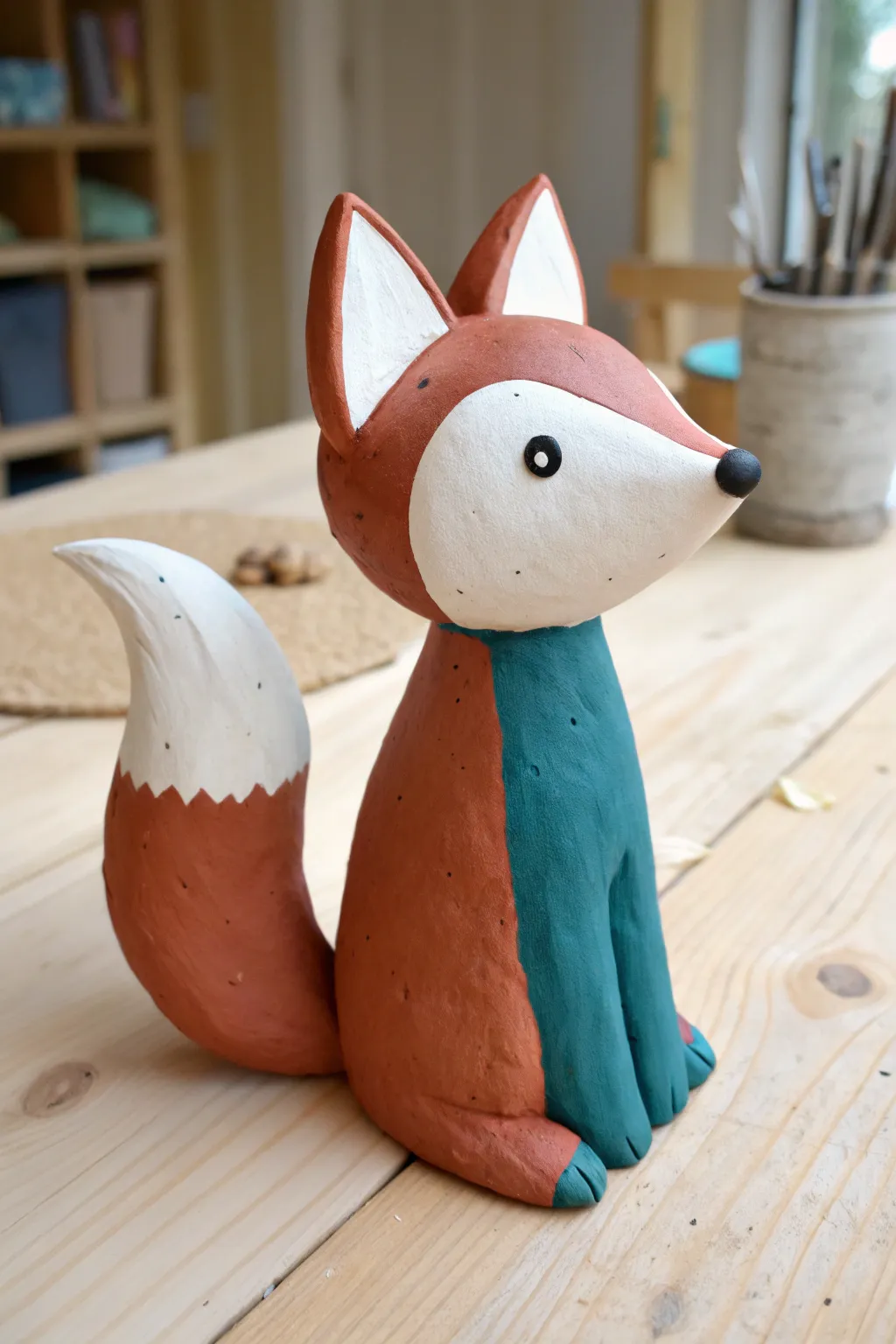Tiny clay fox with an oversized curled tail, simple color blocks for an easy bold finish.