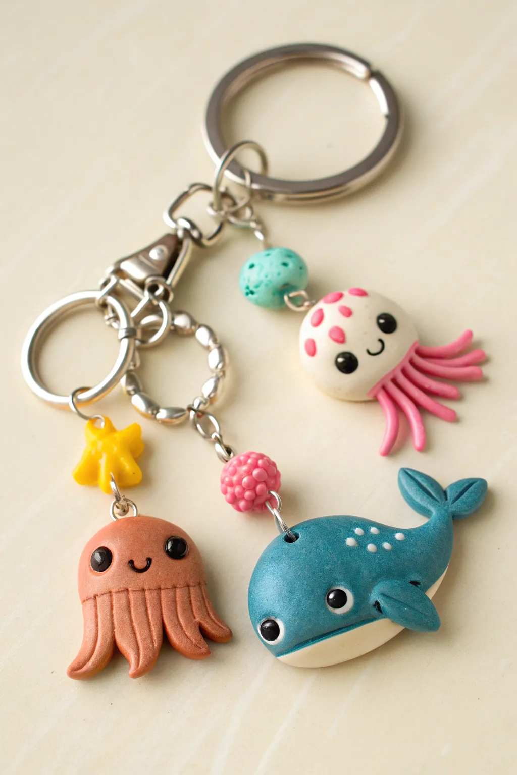 Bold, simple sea creature clay charms on one keychain, glossy eyes and minimalist boho vibes.