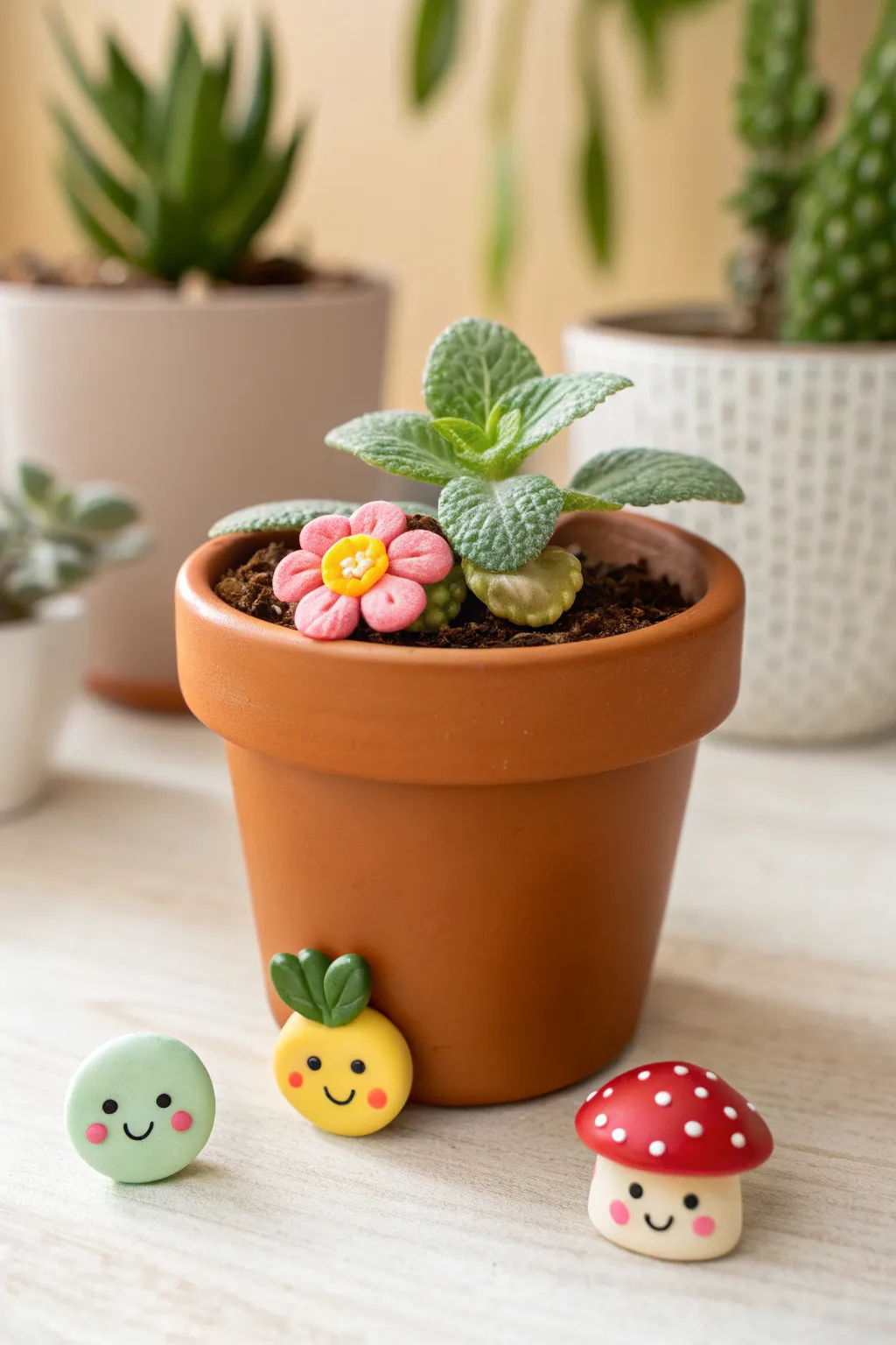 Add kawaii smiley polymer clay charms to your pot rim for instant happy plant decor