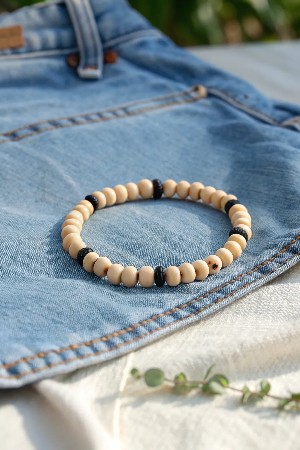 Boot-stitch clay bead bracelet in cream, tan, and black, styled simply on denim