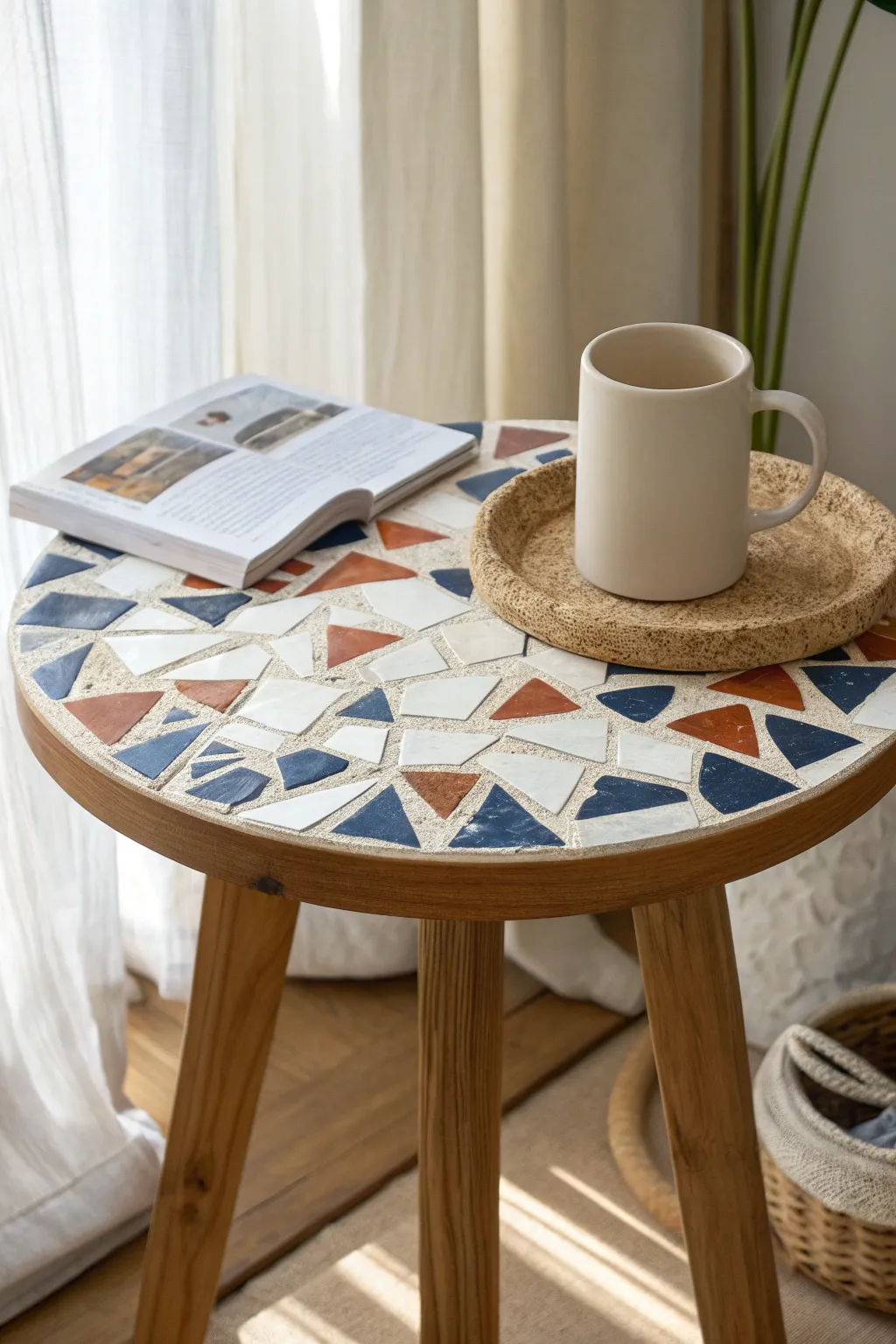 Bold blue-and-white china shard mosaic tabletop accent, simple, handmade, and beautifully modern.