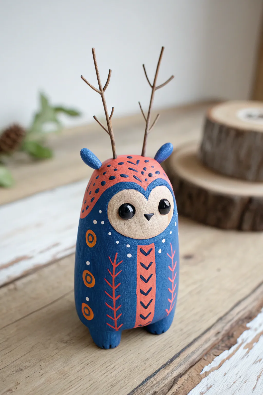 Whimsical antenna critter: bold dots, found-bit feel, minimalist backdrop, easy clay fun.