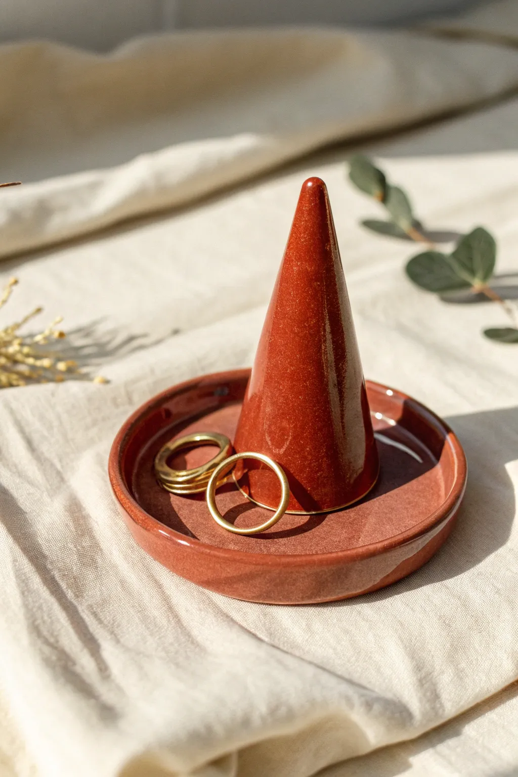 Glossy clay ring cone in bold terracotta with stacked gold rings, minimal and boho-chic.