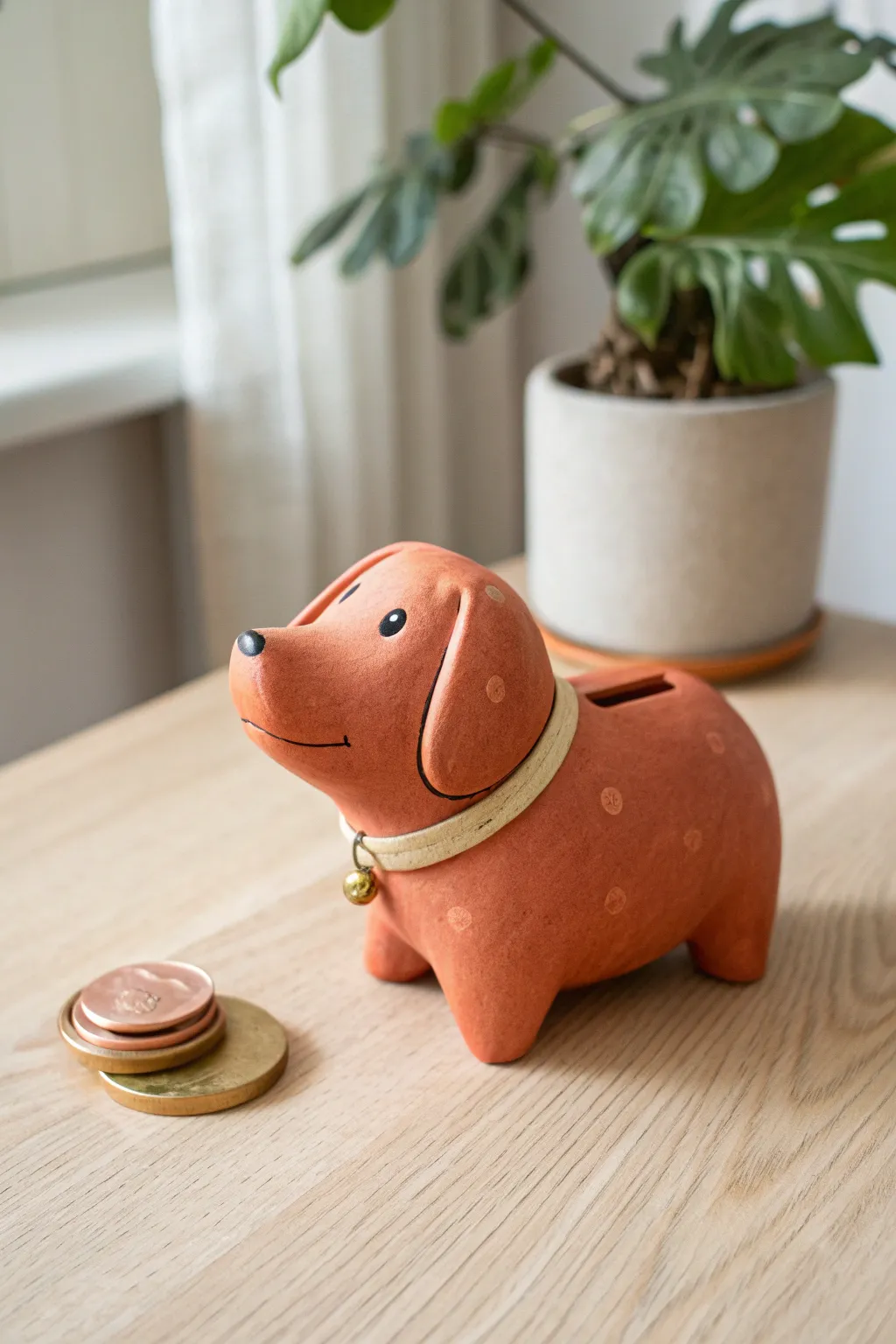 A satin-finish puppy bank with a sweet collar detail, bold color, and cozy minimalist styling.