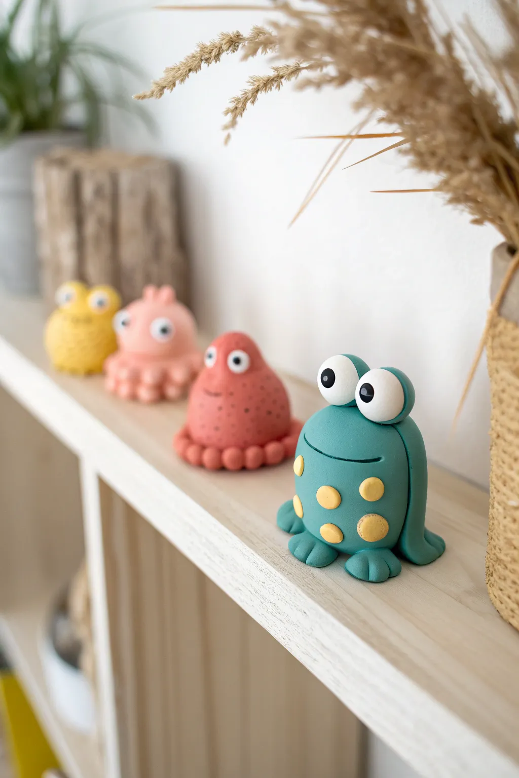 Basic shapes, big personality: four easy clay critters styled in a minimalist Scandi shelf scene