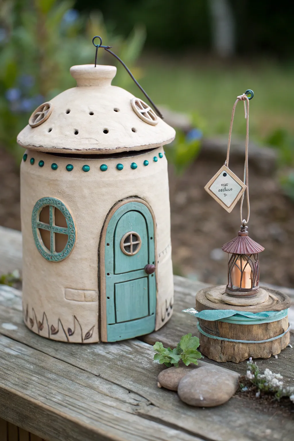 Whimsical clay jar house with hanging lantern and signpost charms, minimalist boho styling
