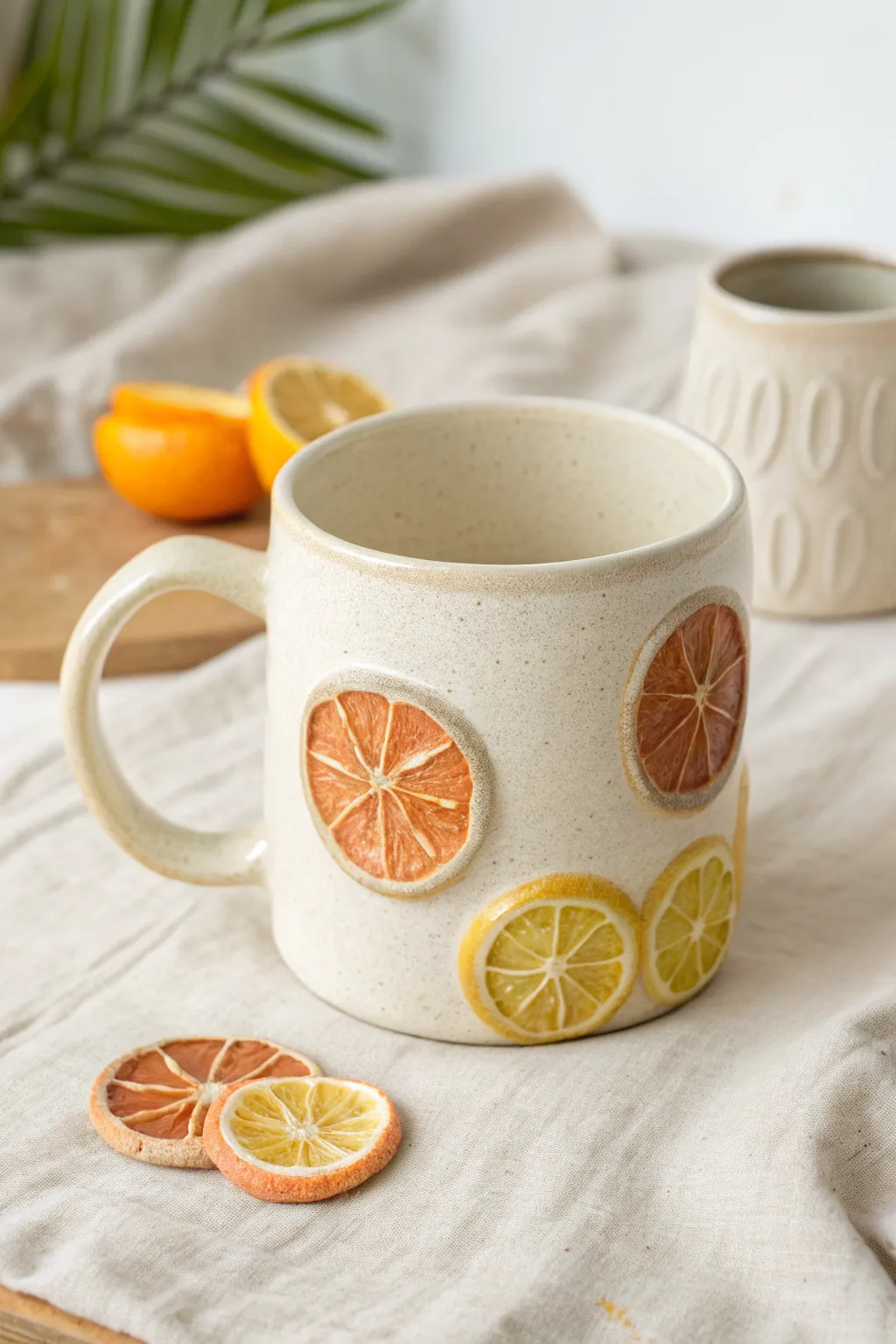 Playful minimalist clay mug with bold citrus slice reliefs in bright, happy glazes