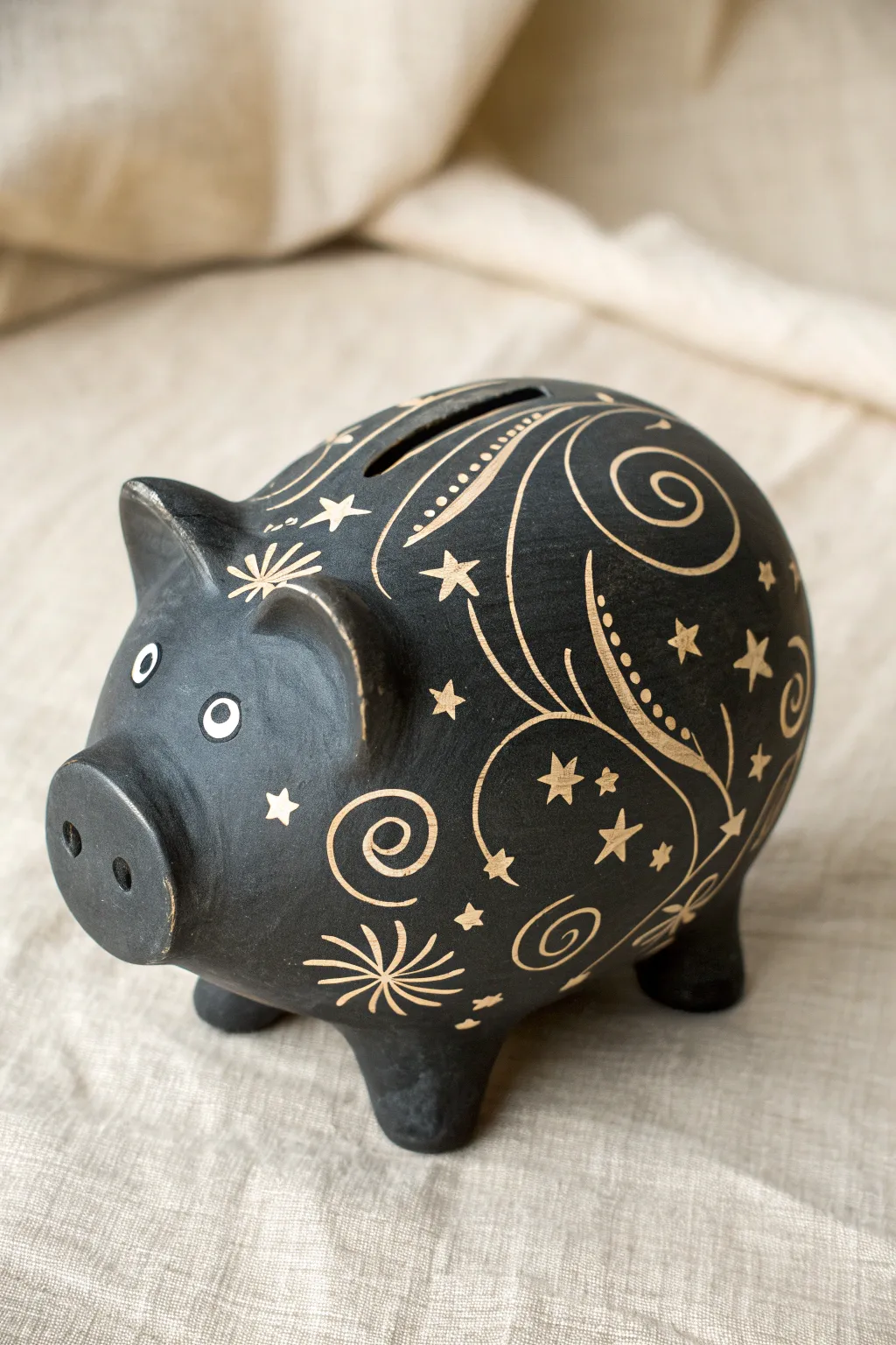 Simple sgraffito piggy bank with bold scratch-reveal stars and swirls in minimalist boho style.