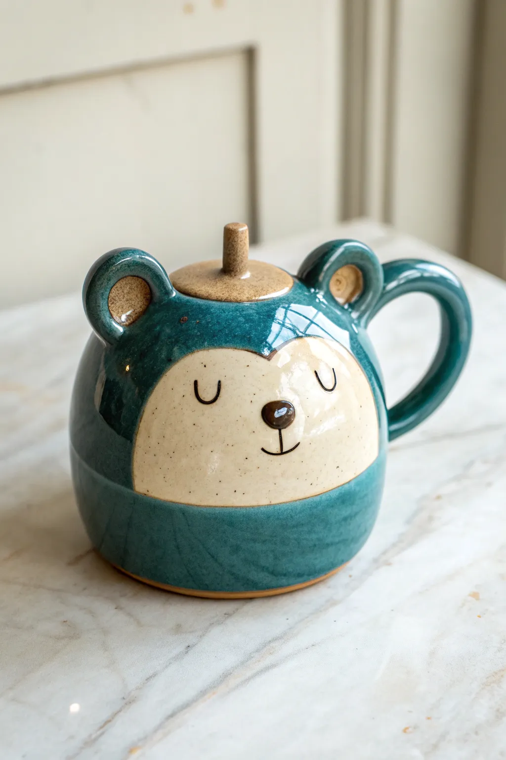 Bear-face teapot in bold teal glaze, minimalist and cozy, with a sweet character and clean lines