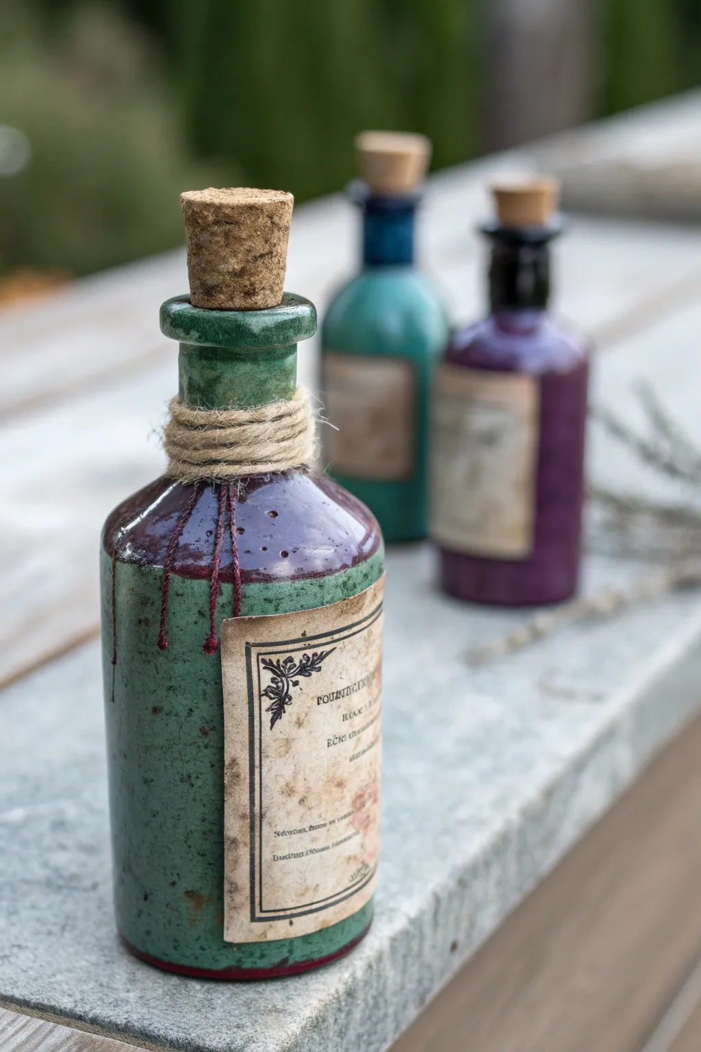 Creepy-cute potion bottle with drippy wax top in murky green and purple, minimalist boho mood