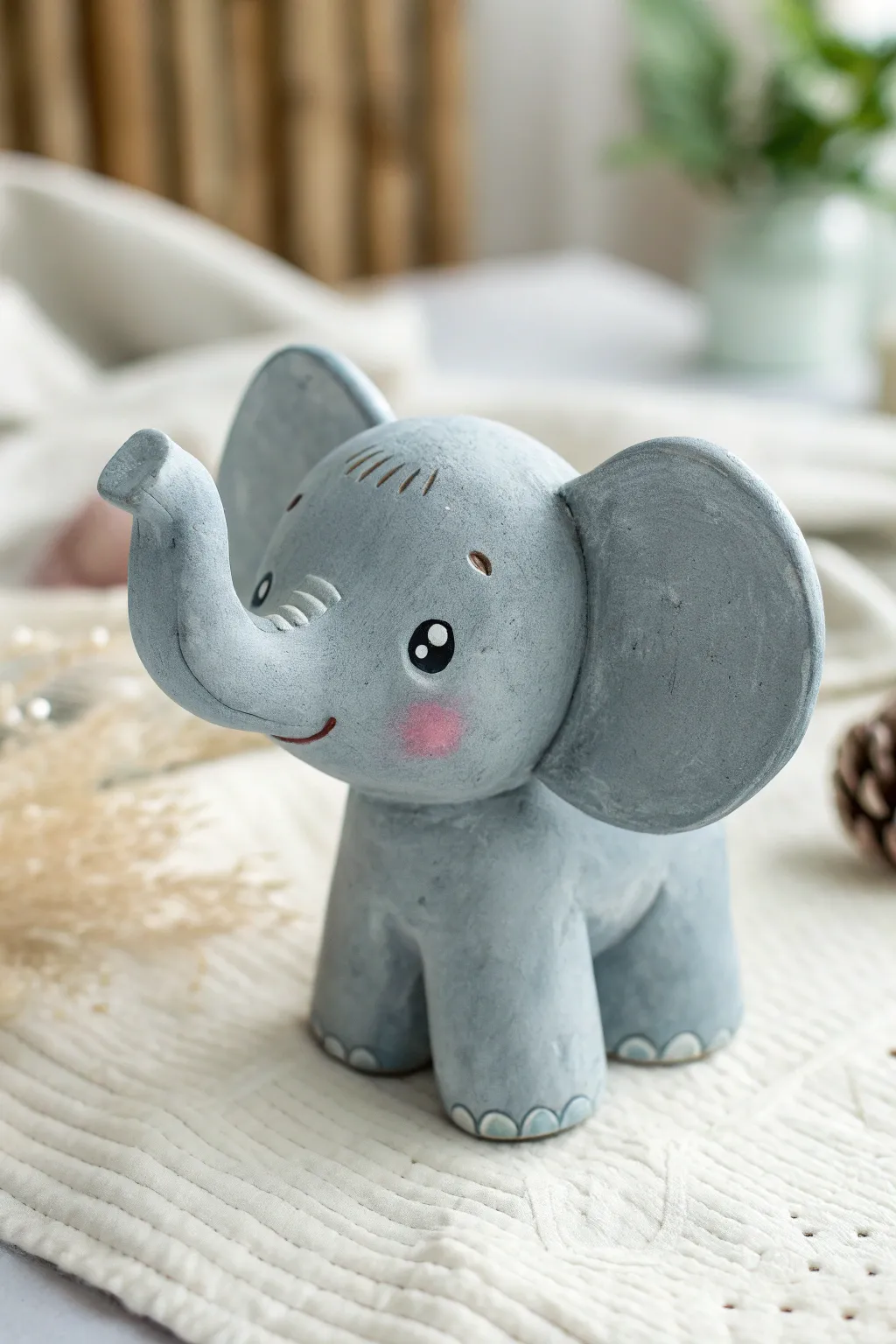 Baby elephant with big ears in soft gray-blue, a simple air dry clay cutie for beginners.