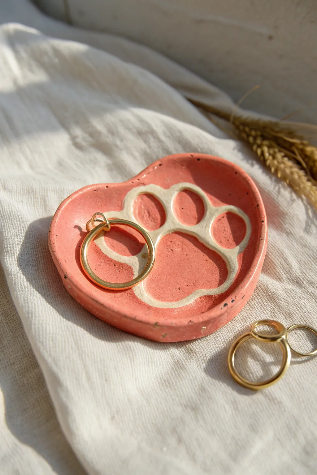 Paw print mini dish in air dry clay, perfect for holding earrings and adding cute decor.