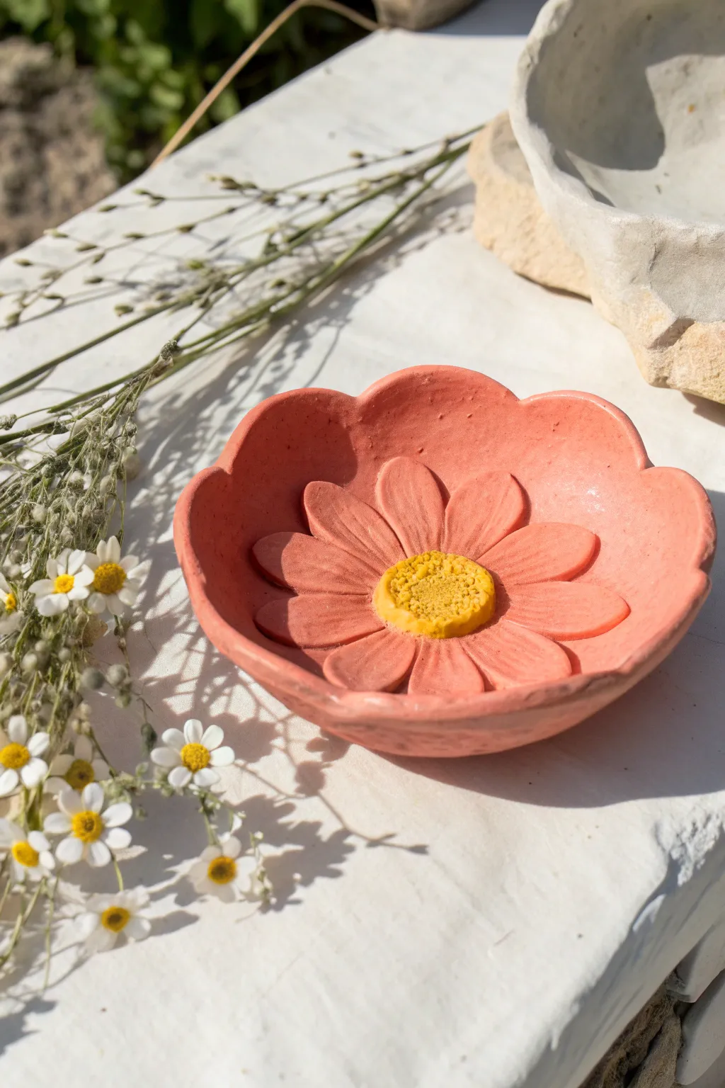 Sweet air dry clay flower dish with bold colors and chunky petals, perfect for kids treasures