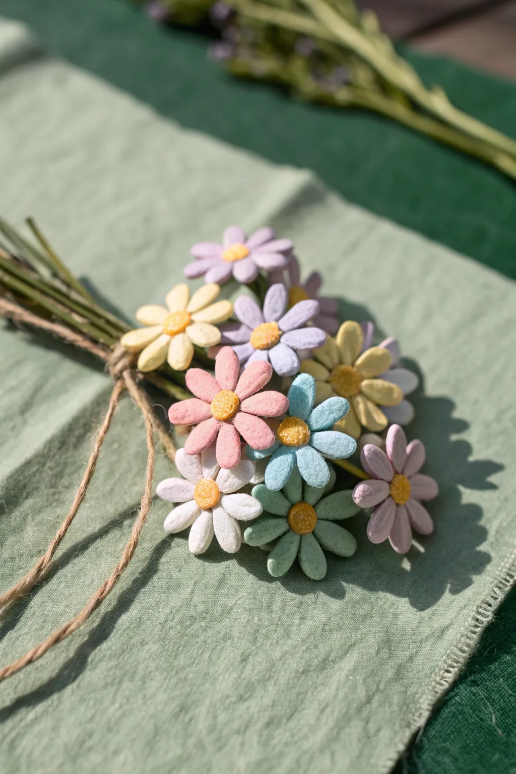 Sweet pastel daisy air-dry clay mini pins with sunny centers, styled in a minimalist boho bouquet.