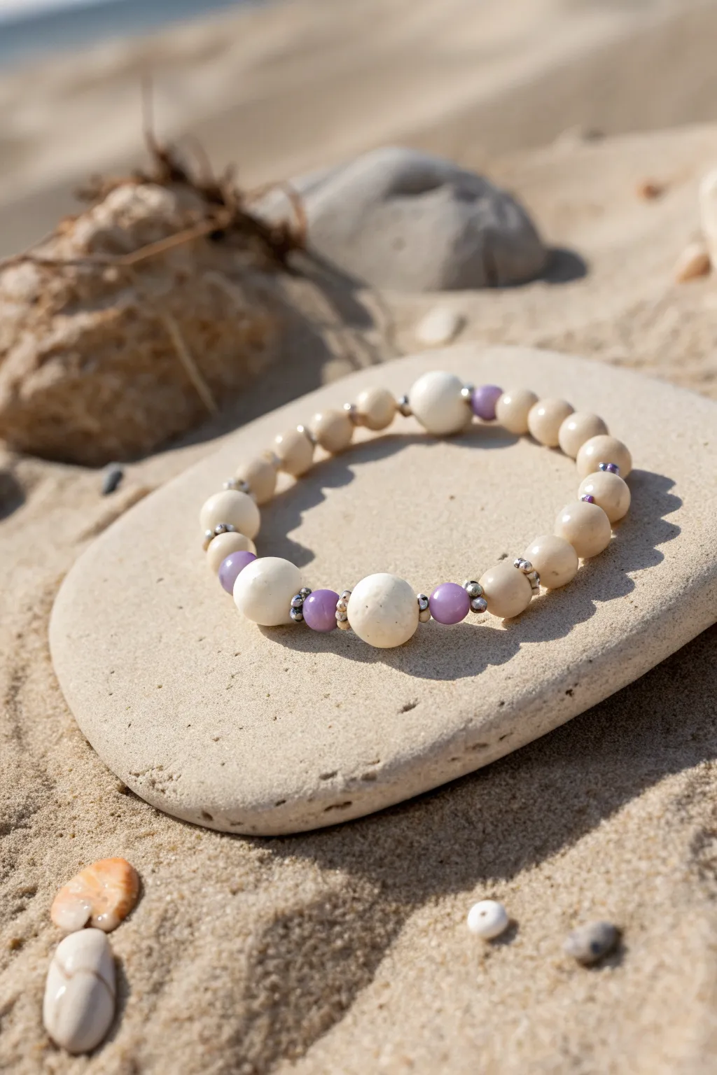 Creamy clay discs, pearl pops, and lavender accents for dreamy mermaid beach bracelet vibes