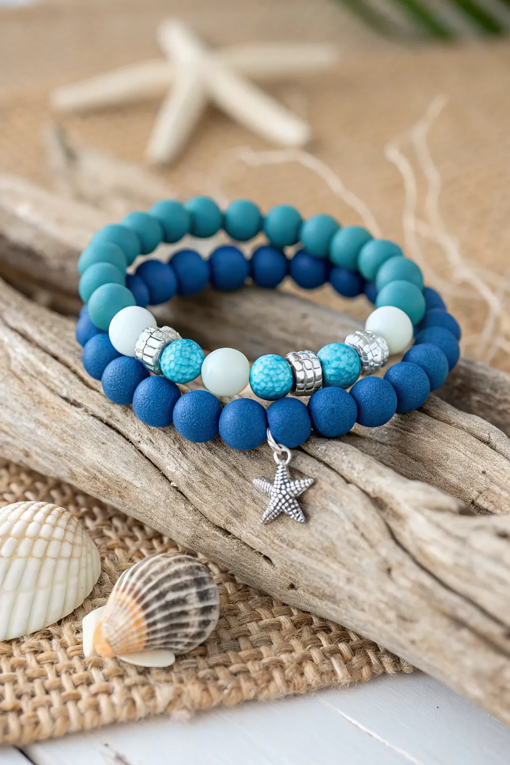 Chunky blue clay bead bracelet stack with shell, starfish, and wave charms for beachy charm