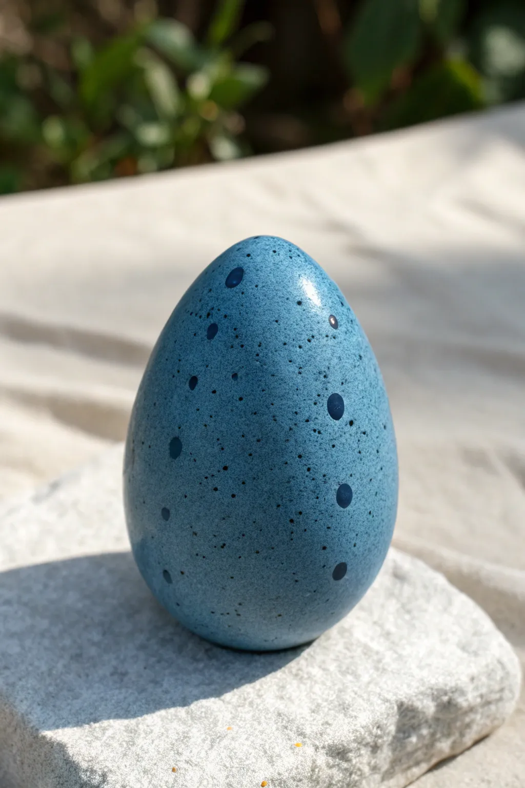 Cute blue clay dragon egg with navy speckles, minimalist styling and bold color contrast.
