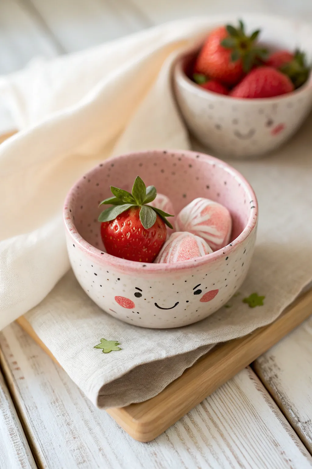 Speckled berry bowl with a sweet little face, bold color, and minimalist boho styling.