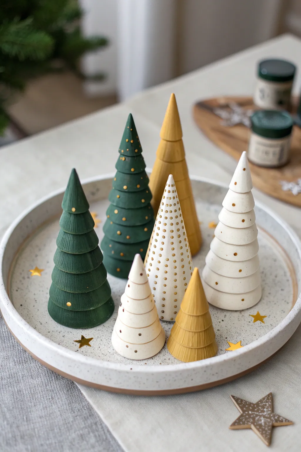 Cozy cone tree forest centerpiece in bold holiday hues, simple dots and stars, handmade charm.