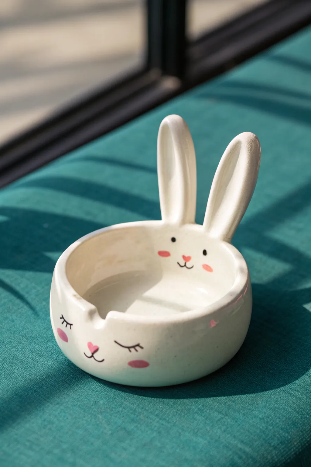Creamy white bunny head ashtray with long ear notches, simple handmade charm with blush accents.