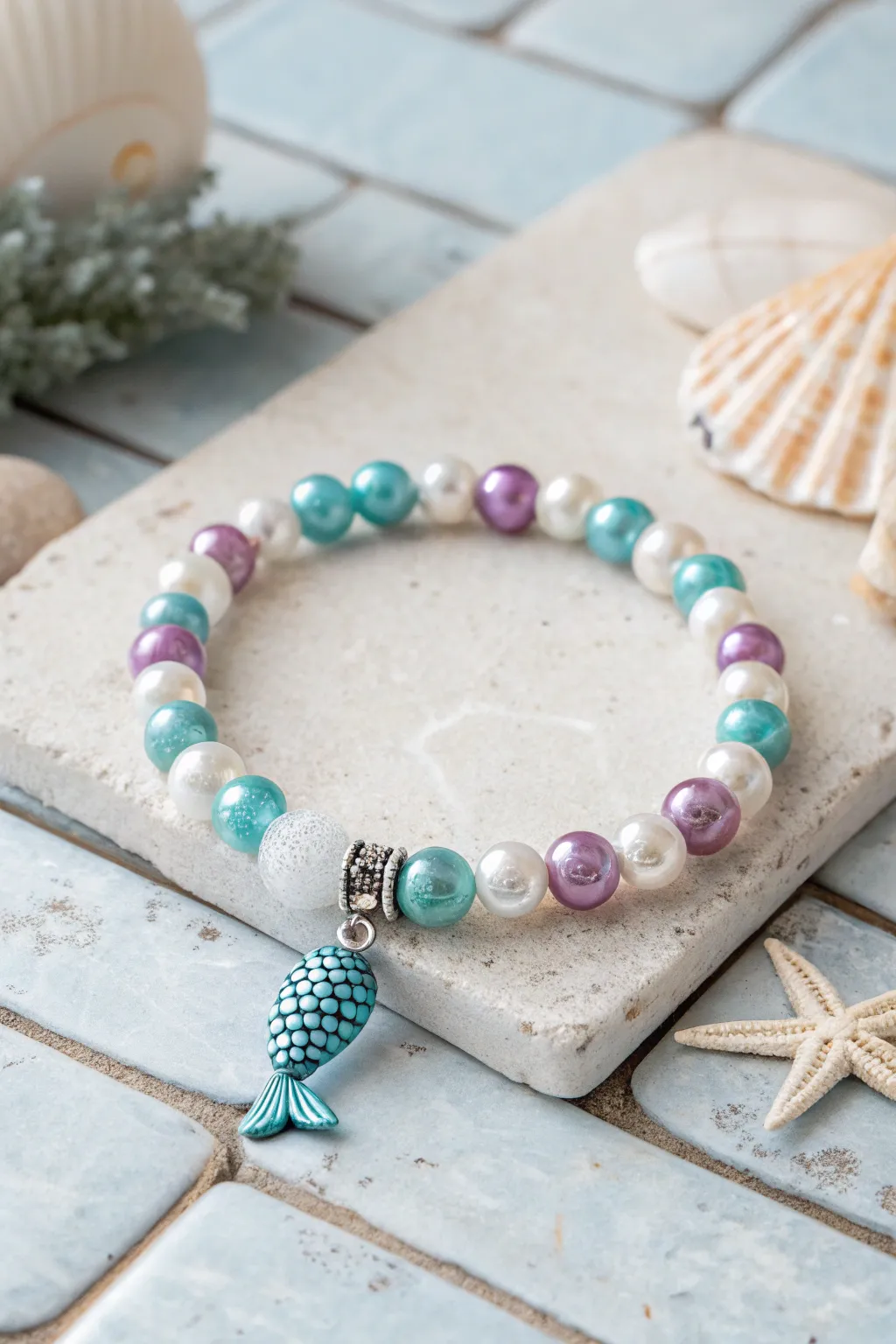 Teal-lavender mermaid bracelet with pearly shimmer, beachy glow and minimalist boho charm