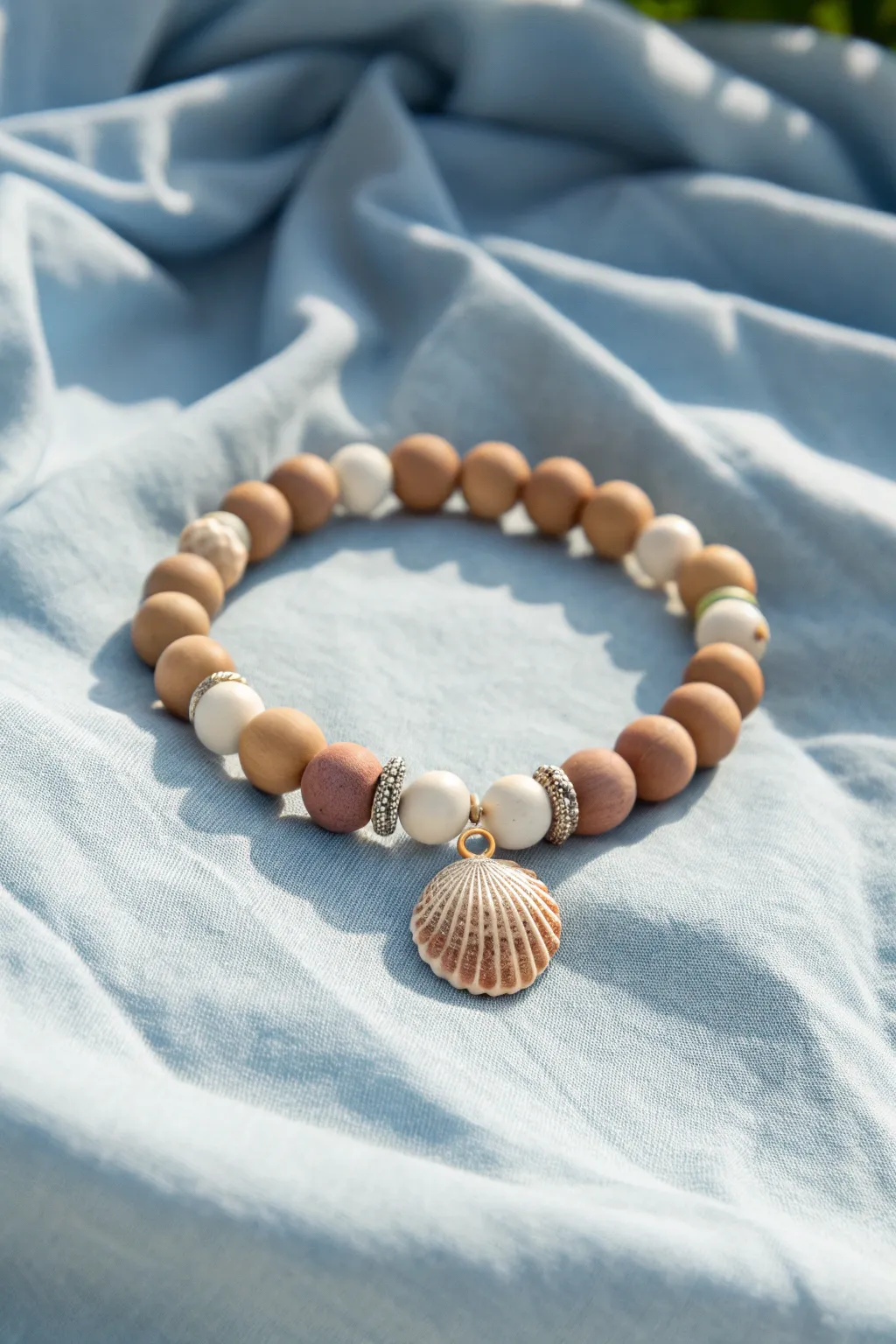 Sand-toned clay bead bracelet with a tiny shell charm for an effortless beachy, boho feel.