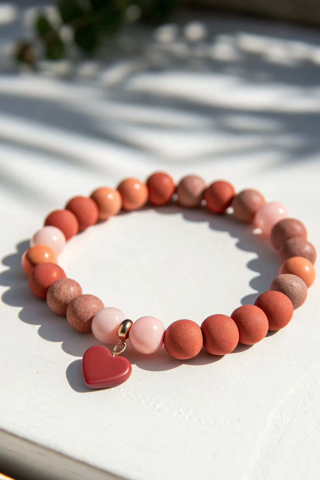 Tiny heart beads spaced between clay sections for an easy, cute bracelet with bold color contrast.
