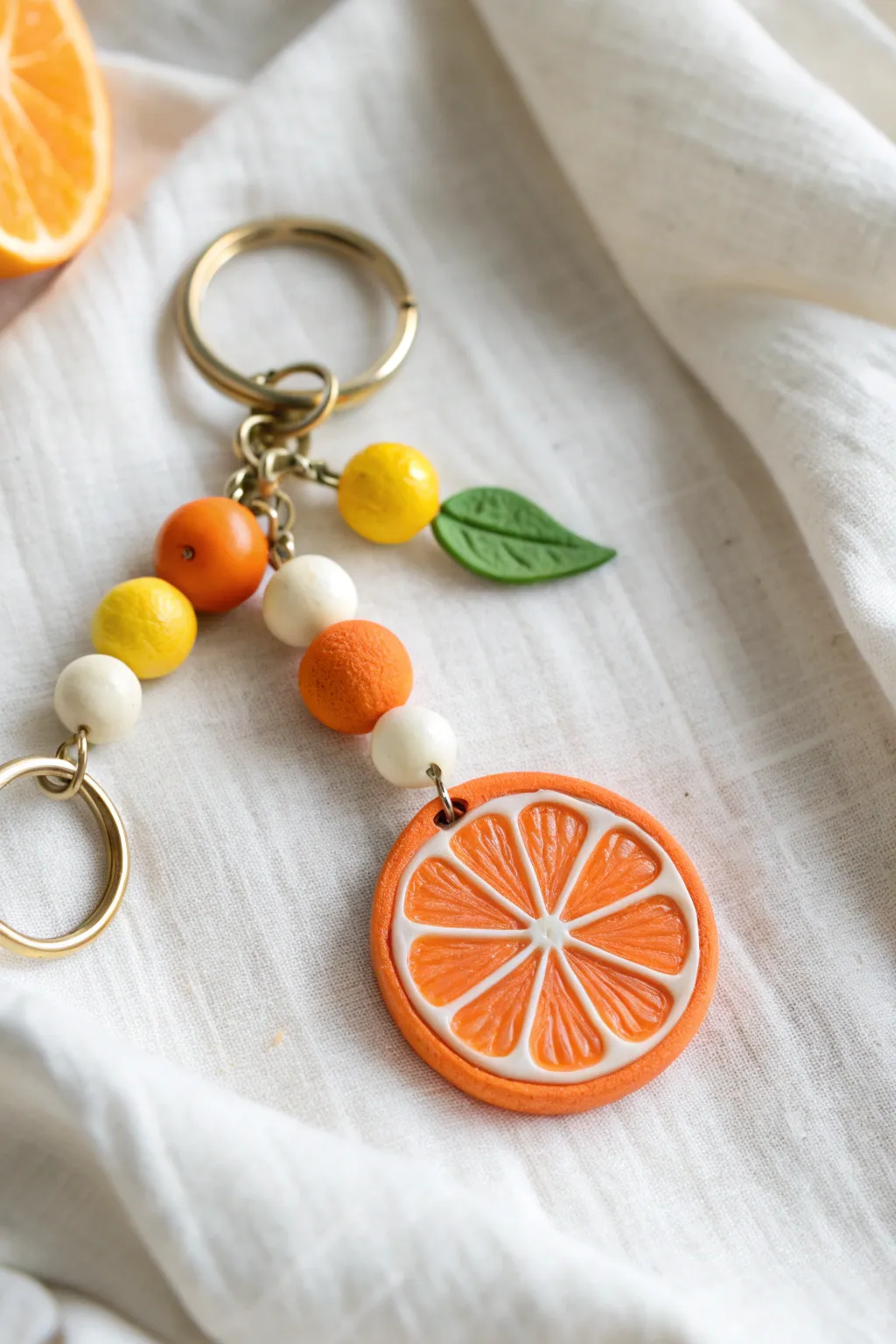 Tiny citrus charm keychain with matching clay beads, a bright minimalist summer accessory.
