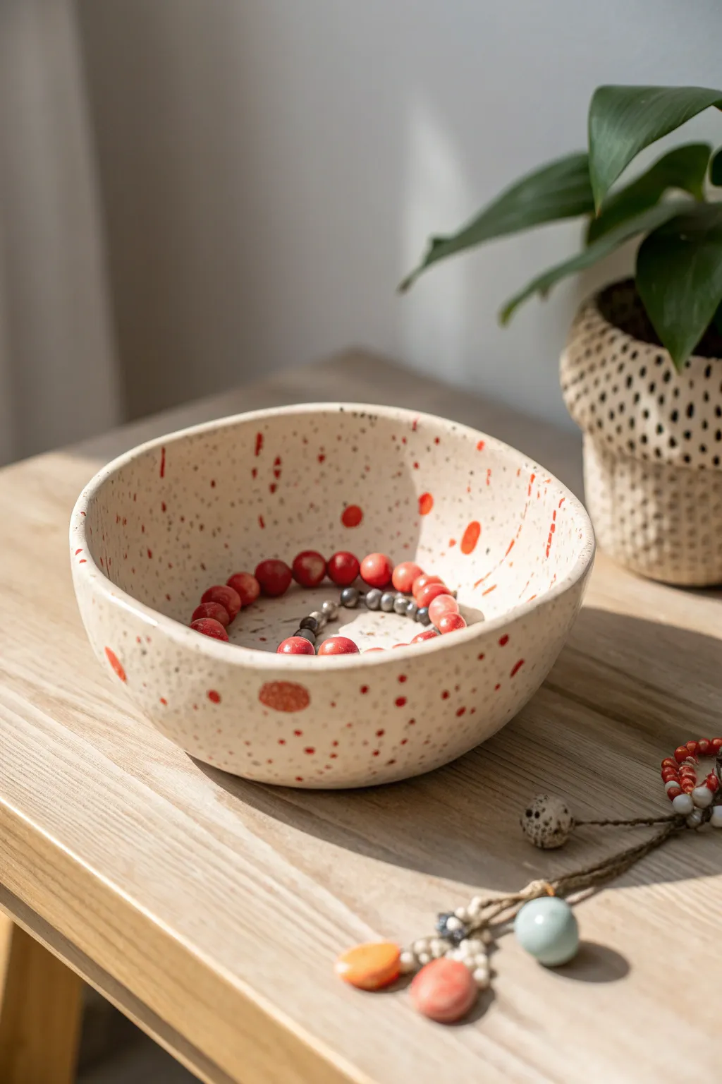 Speckled paint-flick bowl with bright trinkets, Scandinavian minimalism with a boho pop.