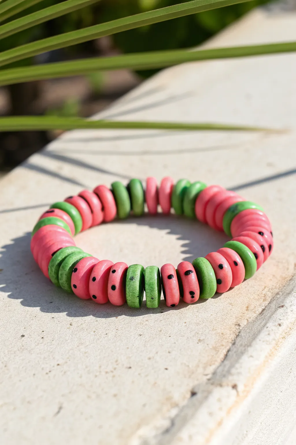 Watermelon-inspired clay bead bracelet stack: bold summer colors with minimalist picnic charm.