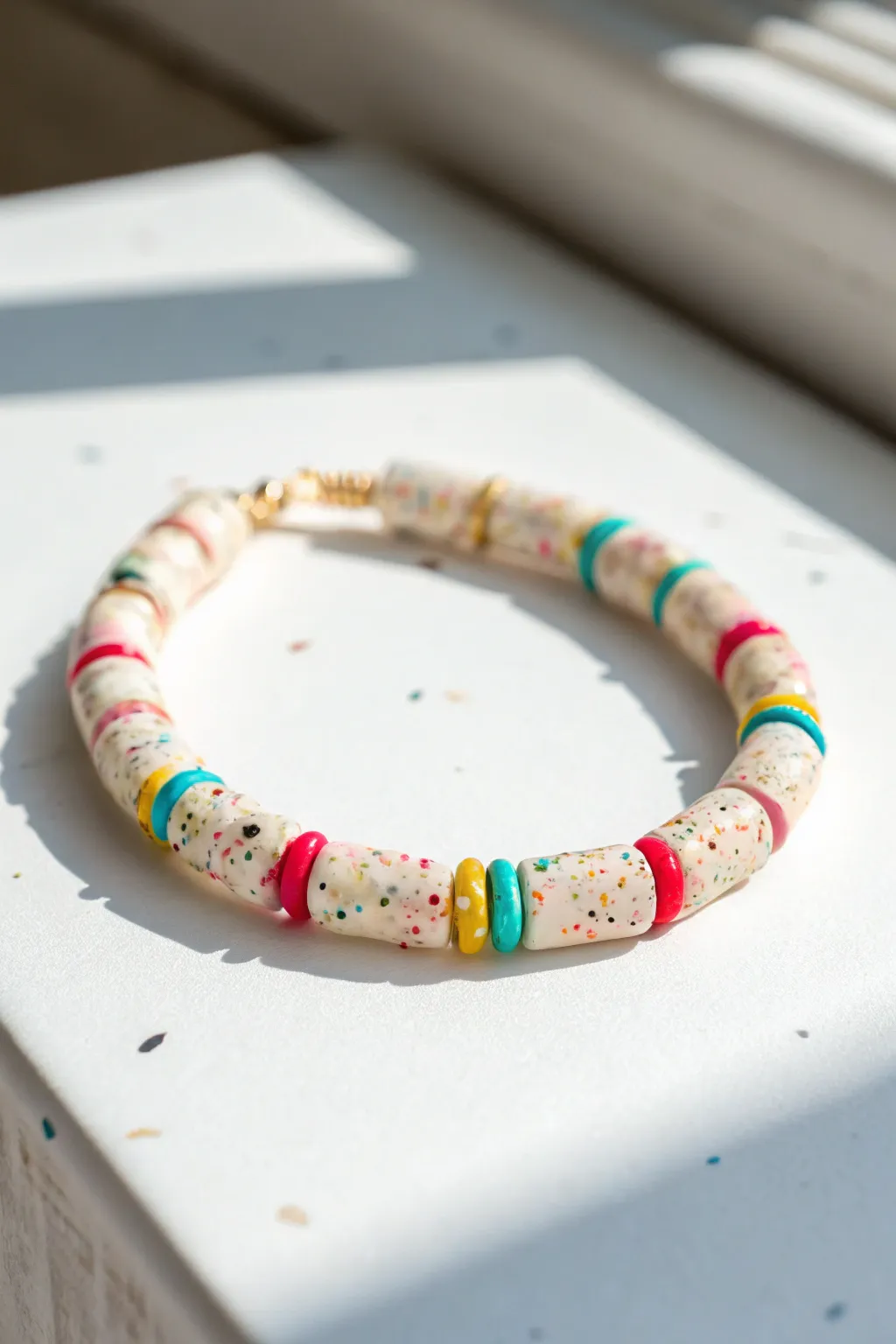 Confetti sprinkle heishi clay bracelet with bright candy pops on a clean minimalist white backdrop