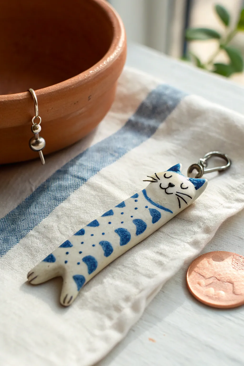 Stretchy long cat clay charm in bold glaze, sweet face and tiny paws, coin for scale