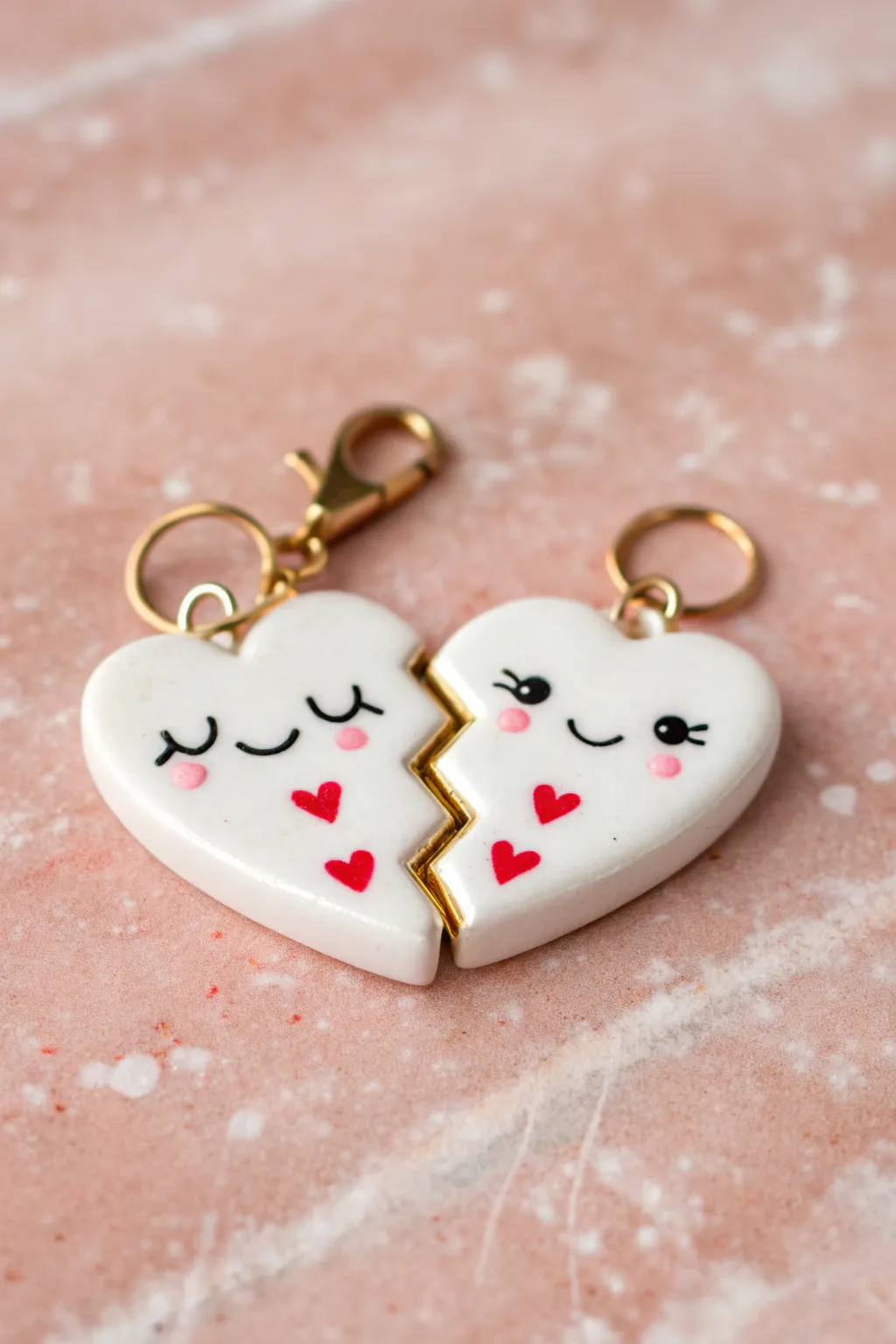 Two heart locket charm halves touching together, cute faces, minimalist finish on soft pink.