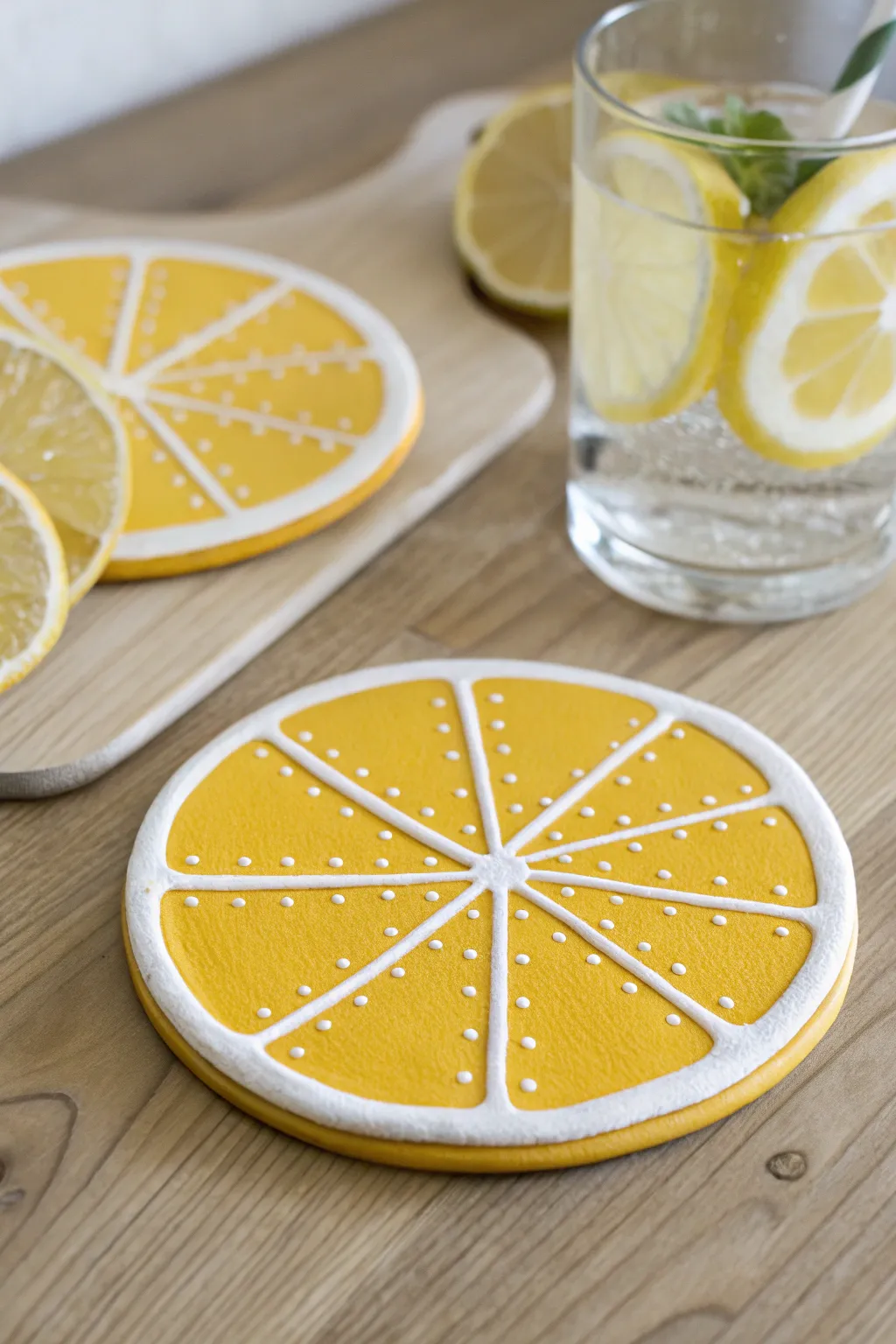 Bright citrus slice clay coaster with simple segments, styled with lemon garnish for summer vibes.