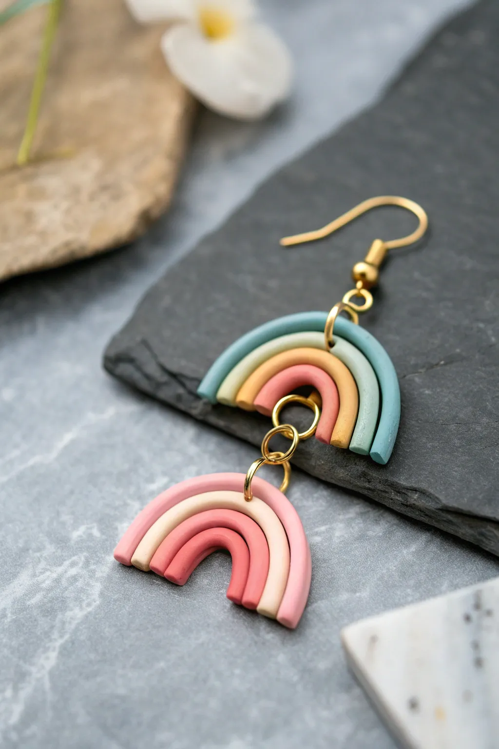 Mini rainbow stack clay dangle earring, soft color blocks with bold contrast and boho minimal charm.