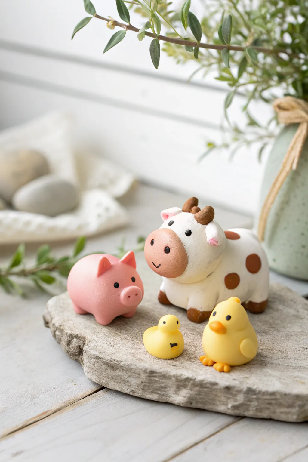 Mini farmyard cuties in clay: simple pig, cow, and chick with bold colors and cozy charm.