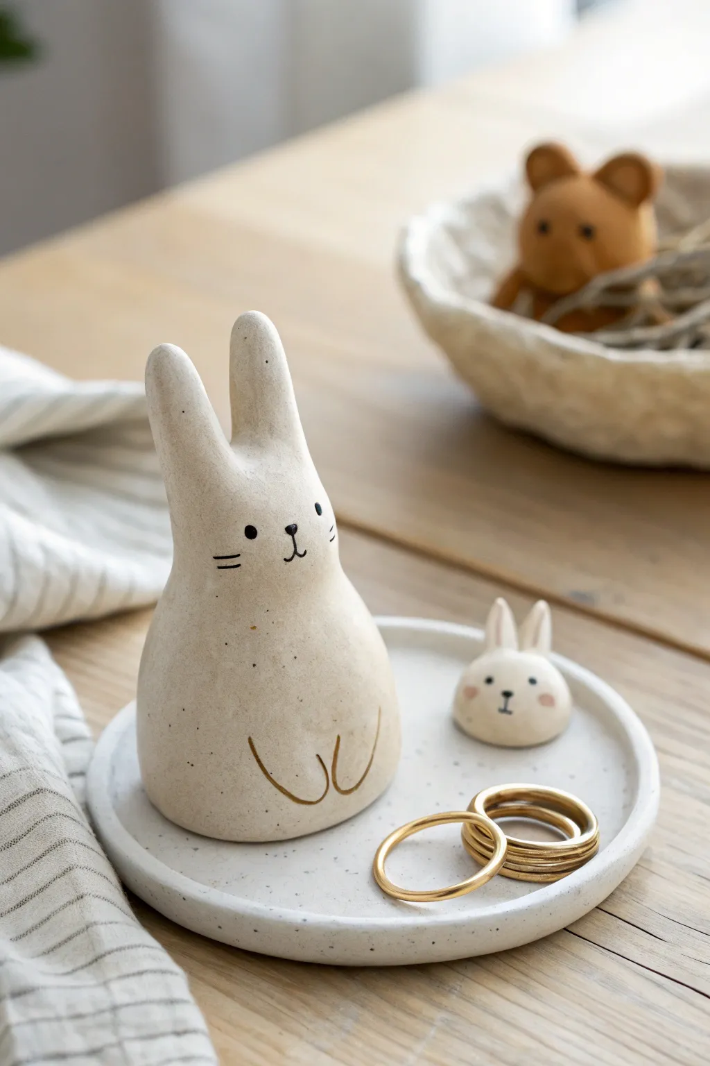 Tiny bunny ring holder with matching cat and bear accents, minimal, cute, and craft-friendly.