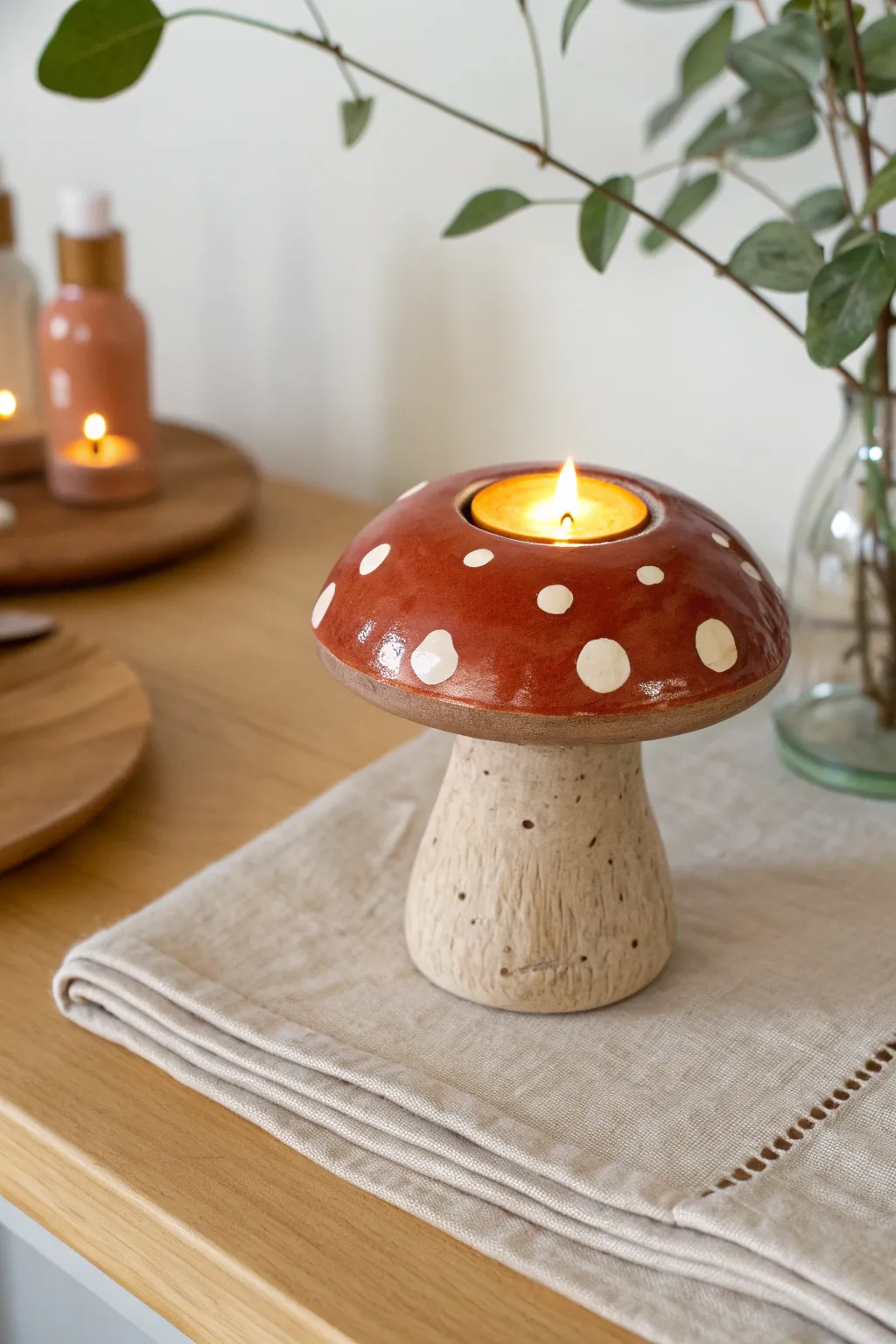 Cozy mushroom tea light holder in bold clay tones, minimal Scandinavian boho glow for your shelf.