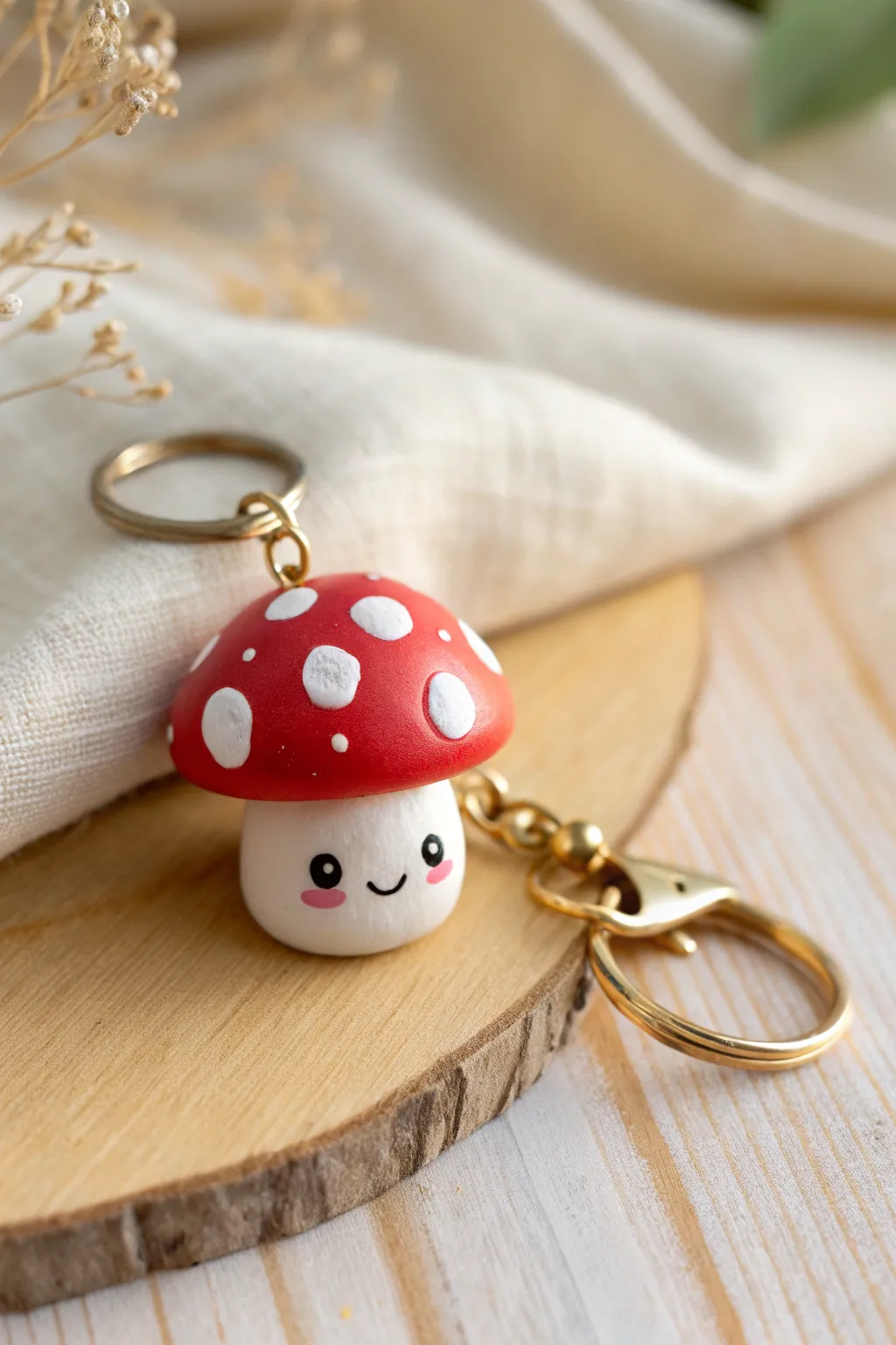 Tiny clay mushroom keychain charm in bold red with a sweet face, cozy minimalist-boho vibe