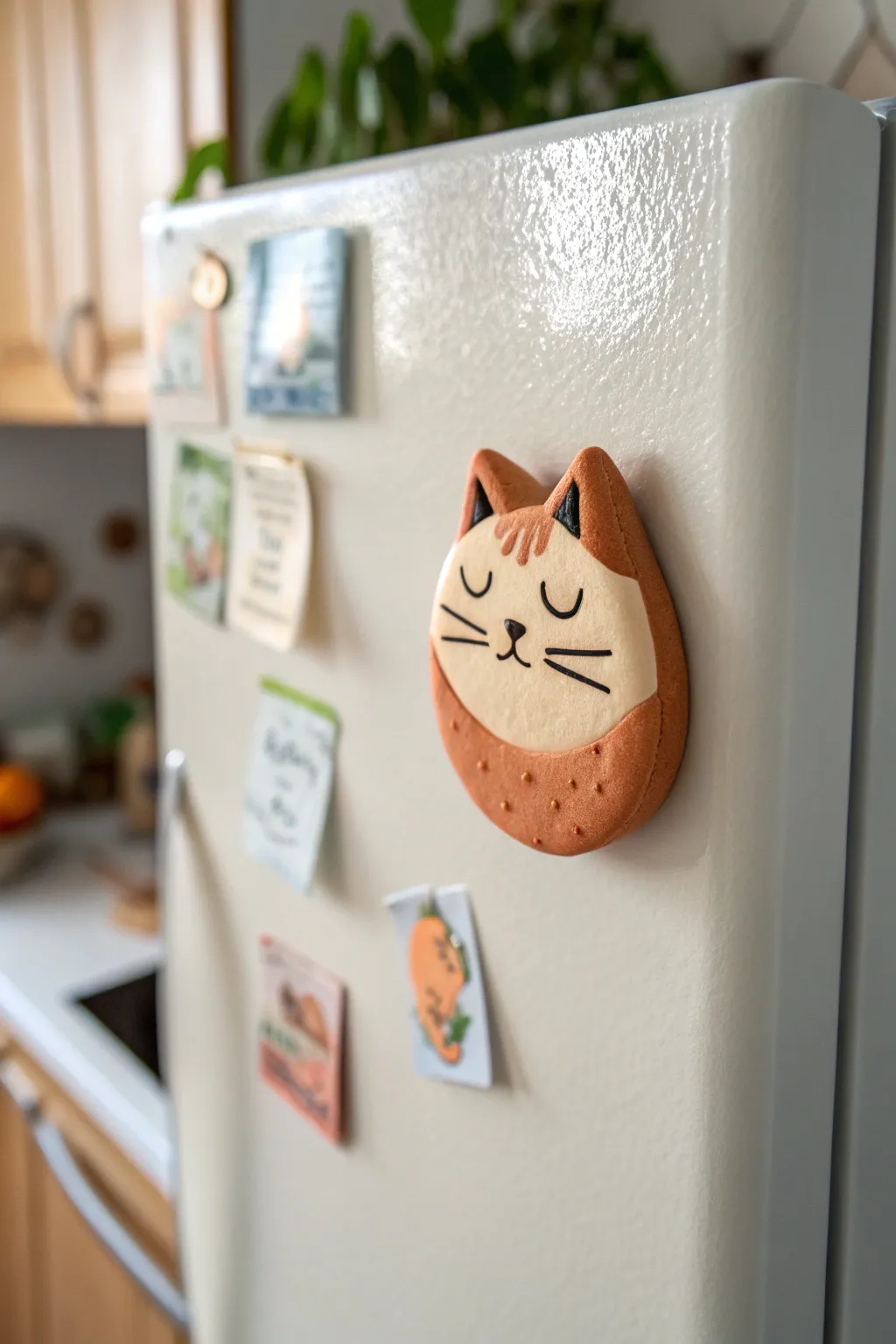 Sleepy cat loaf magnets in cozy clay colors, minimalist and cute with bold contrast on the fridge