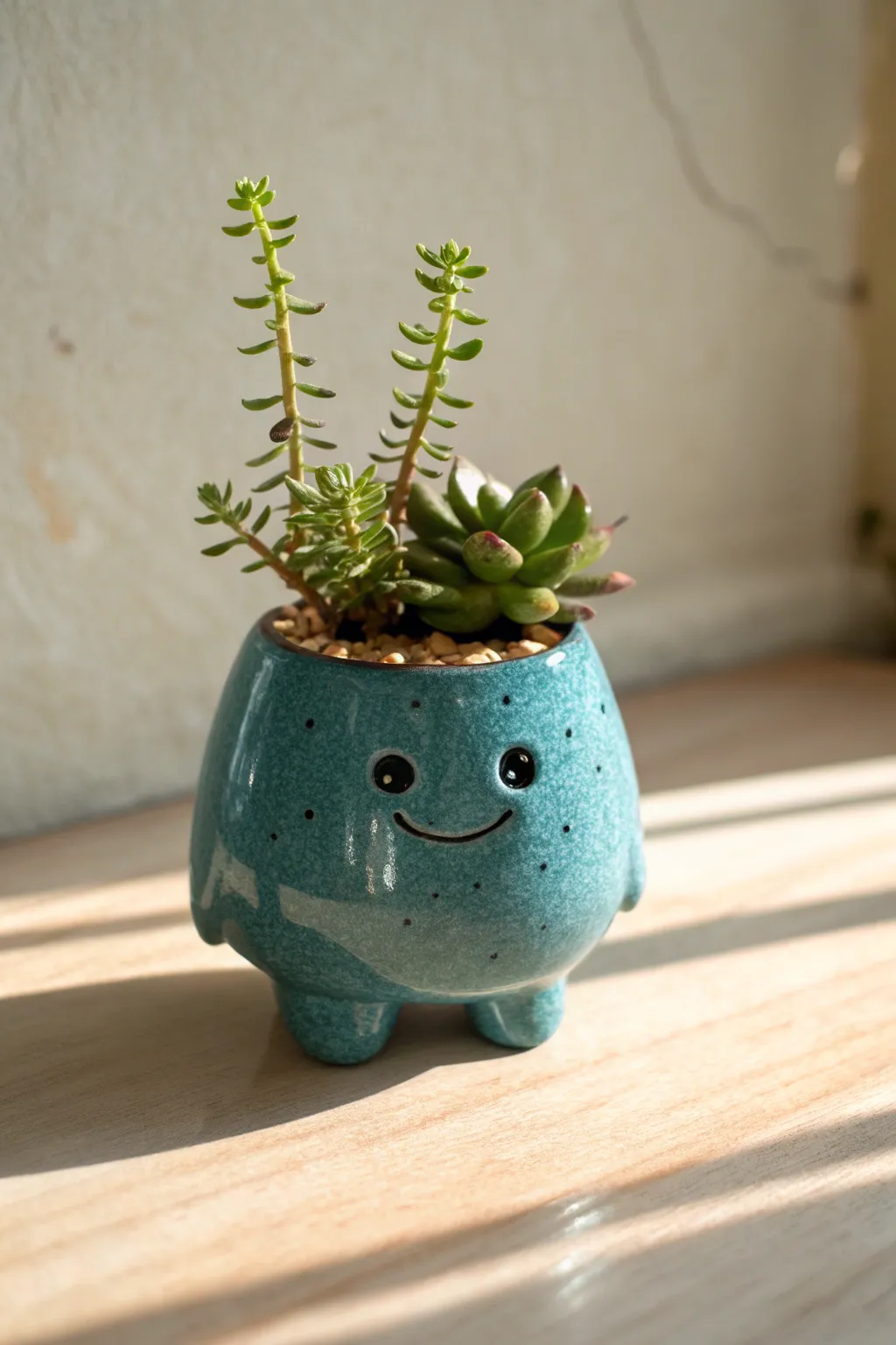 Tiny clay monster planter pal with a sweet smile and greenery, minimalist boho vibe