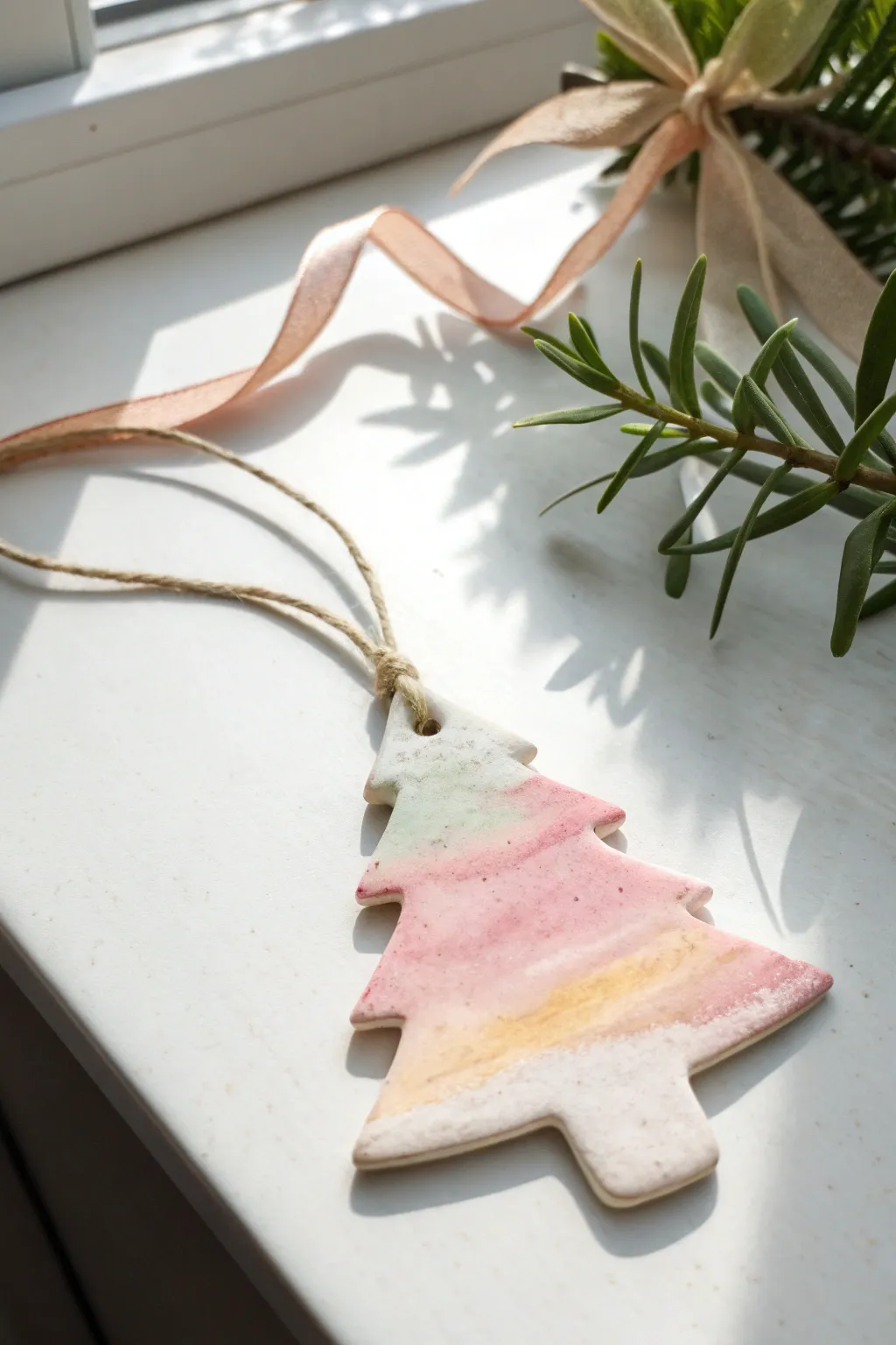 Dreamy pastel watercolor clay tree ornament with ribbon loop, minimalist and boho holiday charm