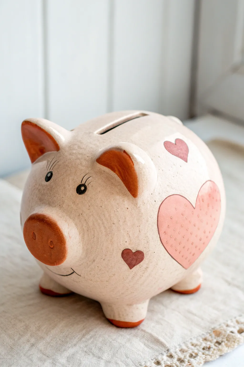 Blush clay piggy bank with heart-shaped nose, sweet eyes, and minimalist boho charm.
