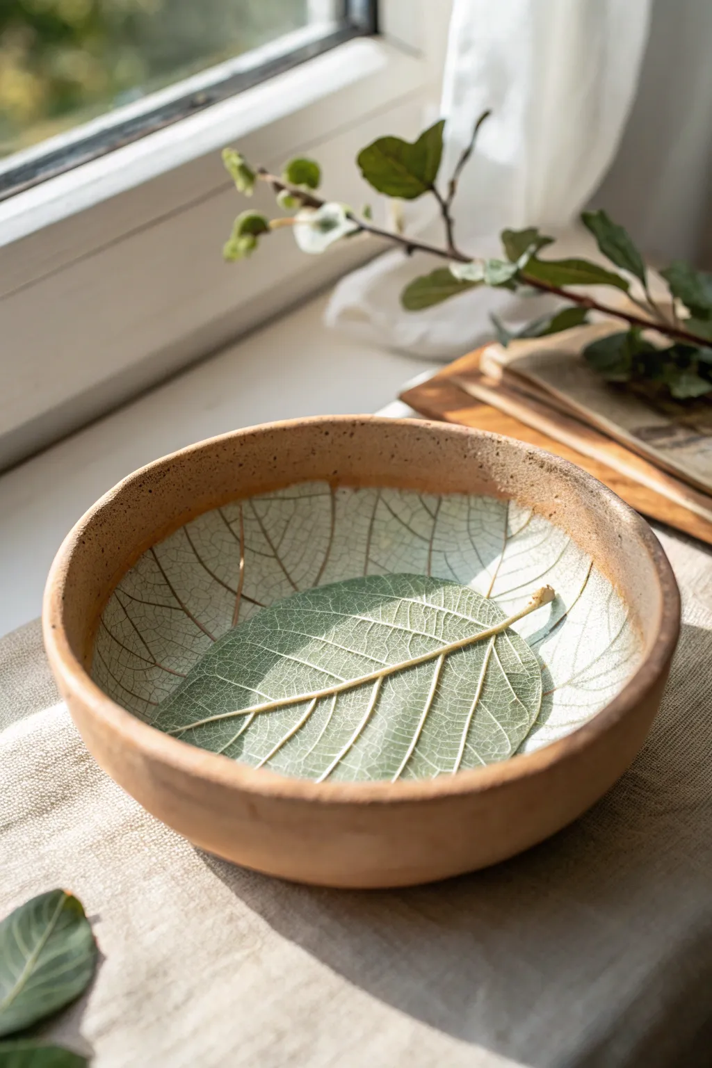 Leaf-pressed pinch pot dish in sage wash and warm clay tones, minimalist handmade beauty.