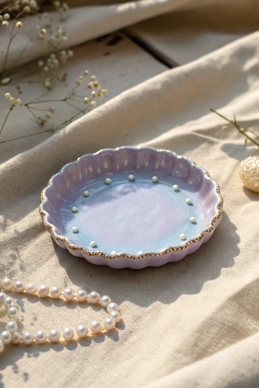 Glossy lavender scalloped candy-rim clay plate with pearl studs, minimalist and sweet.